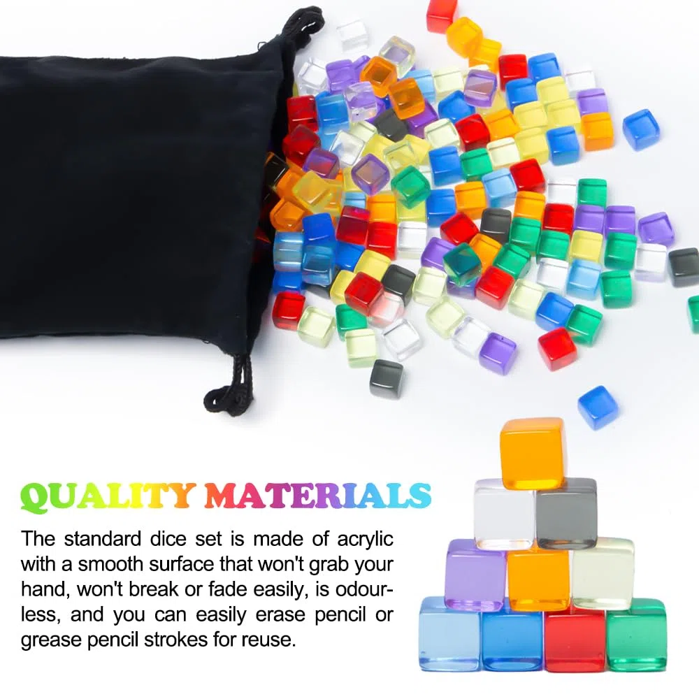 240 Pezzi Dadi a Sei Lati 8 mm Multicolor Cubi Acrilici Trasparenti Perline Senza Fori in 12 Colori Con Borsa con Coulisse per Giochi da Tavolo, Apprendimento, Artigianato e Hobby