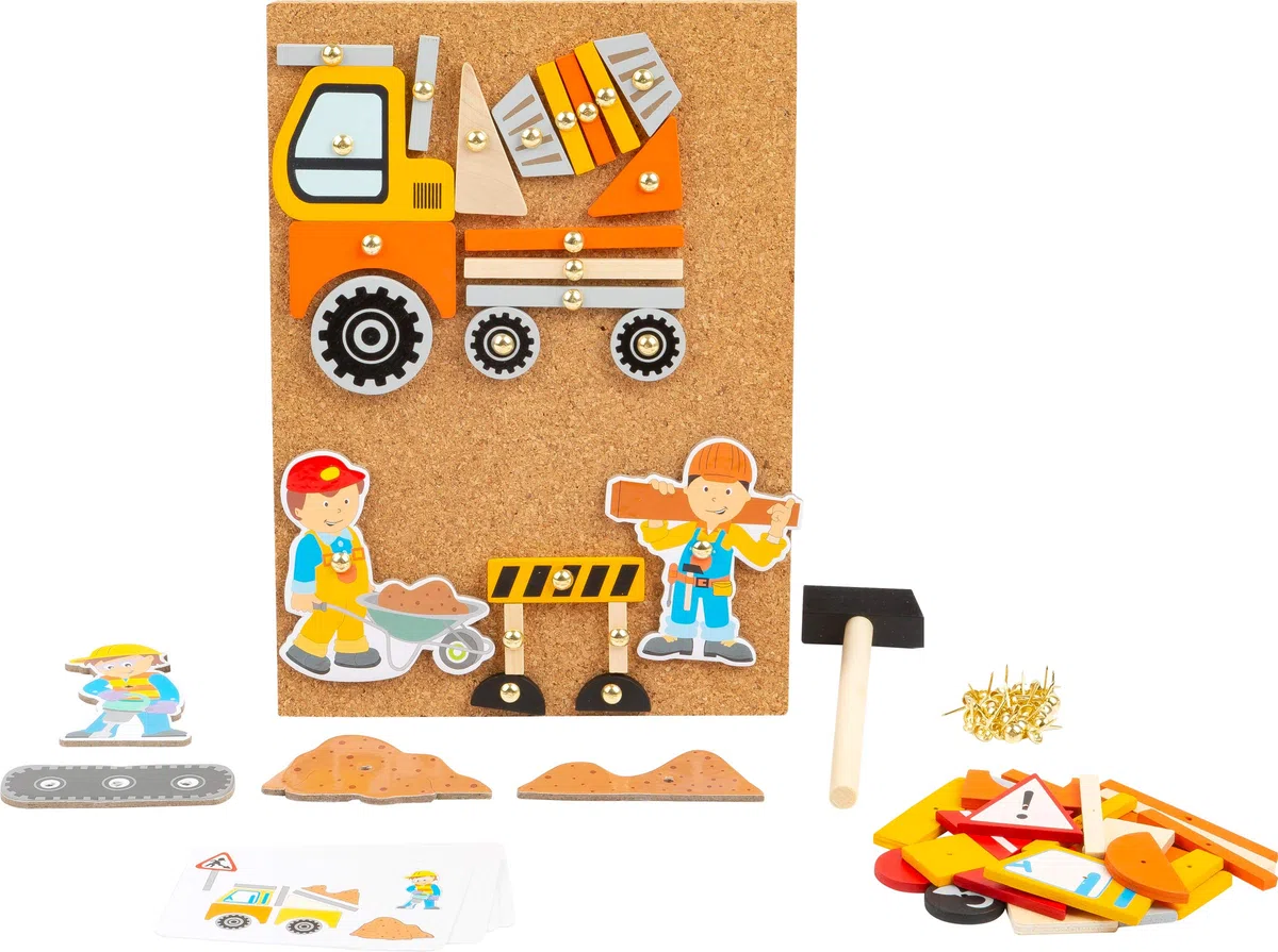 Small Foot 11573 Gioco con martelletto in Legno e Sughero, con Motivi del Mondo del Cantiere, a Partire dai 6 Anni.