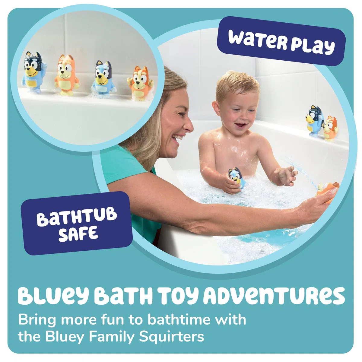 Toomies Bluey Squirter - Set di 4 giocattoli da bagno con bluey, bingo, mamma e papà, divertimento per bambini piccoli, progettato per mani piccole, promuove capacità motorie, giochi creativi, a
