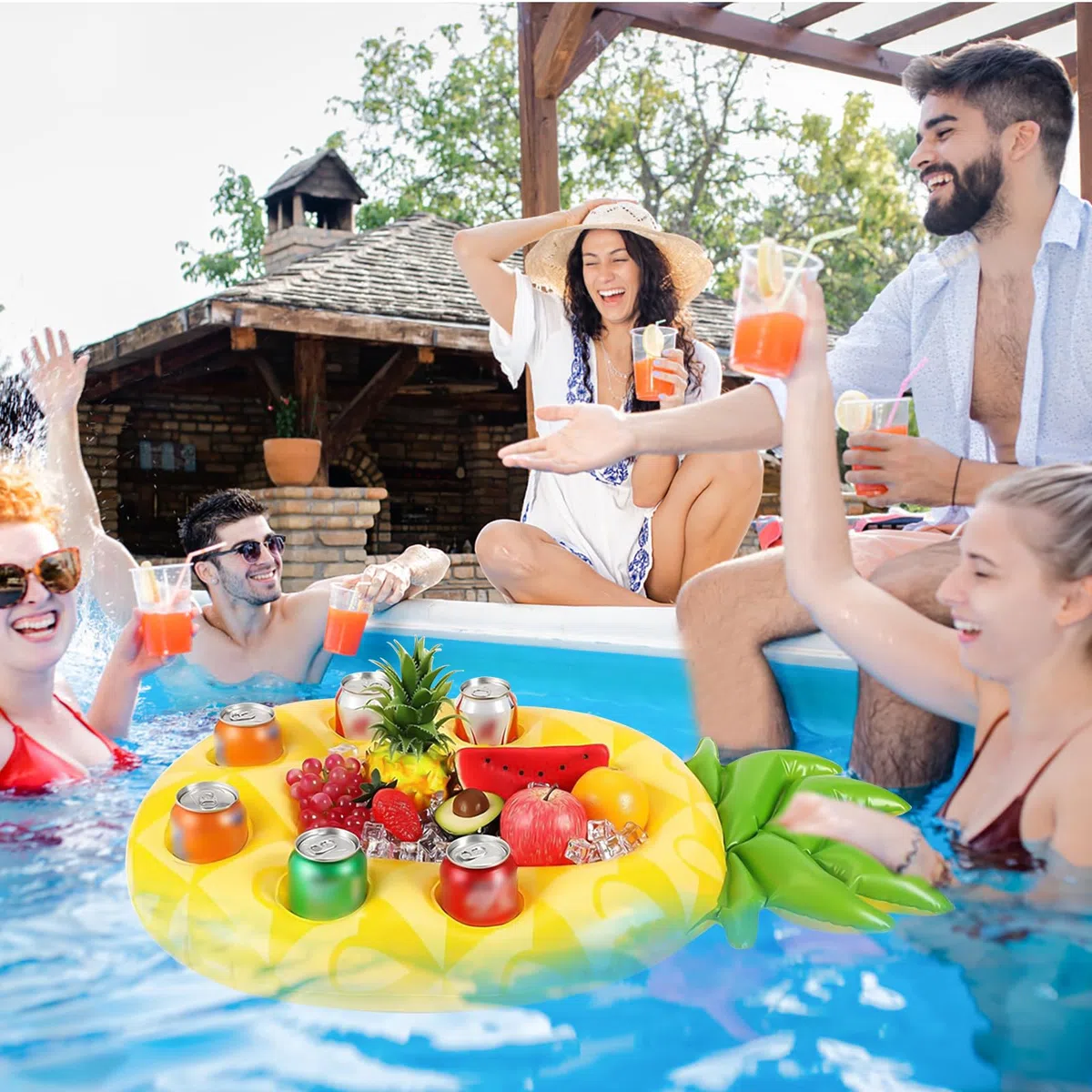 Portabevande gonfiabile, galleggiante, per bevande 2 in 1 e snack, per piscina, 8 fori, grande capacità, bellissimo portabottiglie gonfiabile, per l'estate e per la piscina