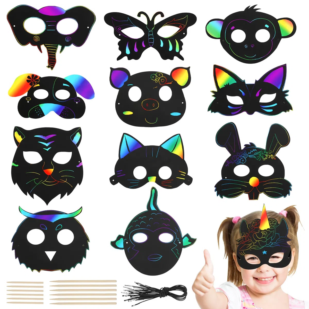 RVLZKCPG 24 Pezzi Scratch Art Maschere per Bambini, Maschera da Grattare per Bambini, Gratta e Vinci per Bambini di Animali con 24 Corde Elastiche e 12 Penne di Legno per Compleanno Festa