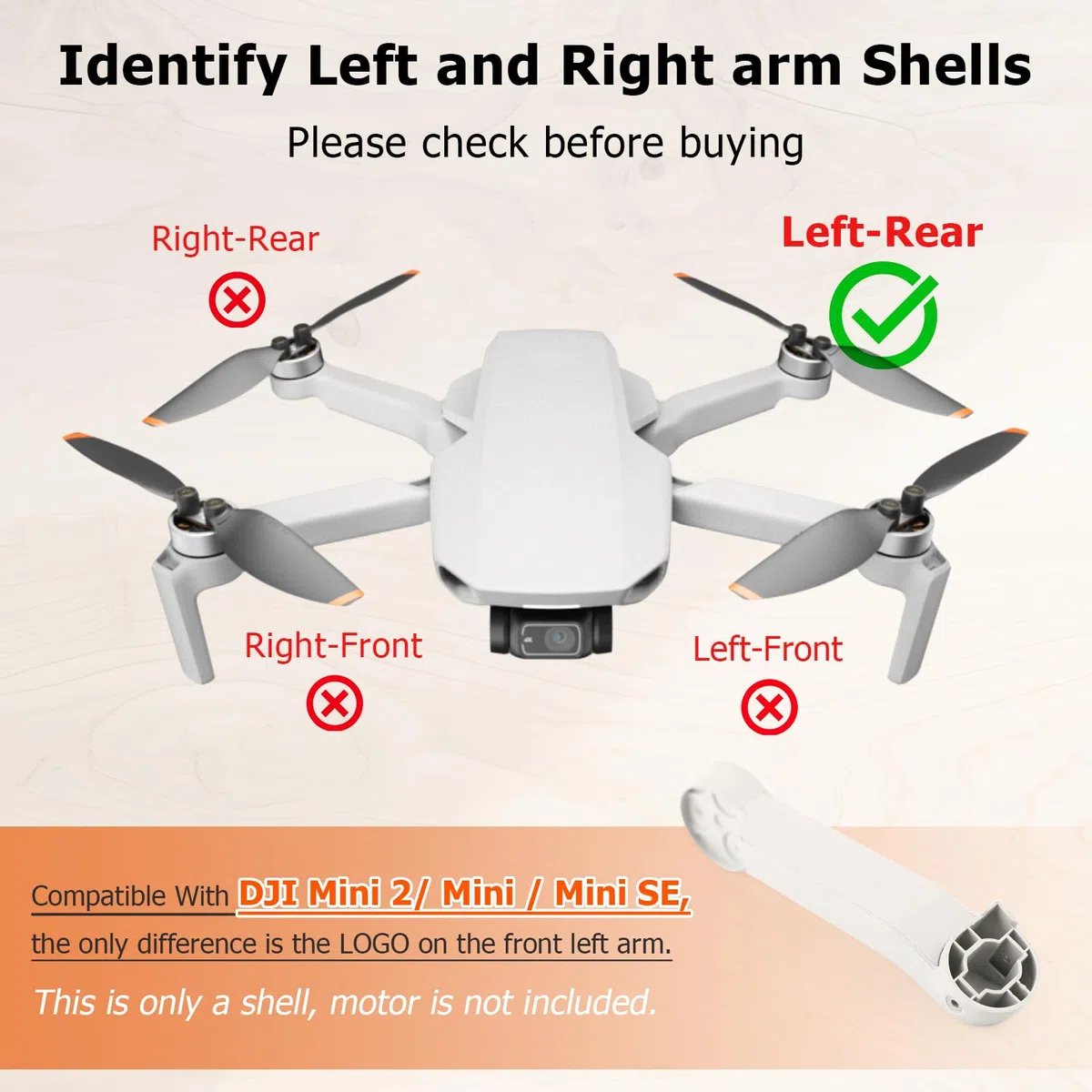 Braccio Posteriore Sinistro per DJI Mini 2/Mini/Mini SE Copri Braccio Senza Motore per DJI Mini 2/Mini/Mini SE Braccio di Ricambio di Riparazione Parti