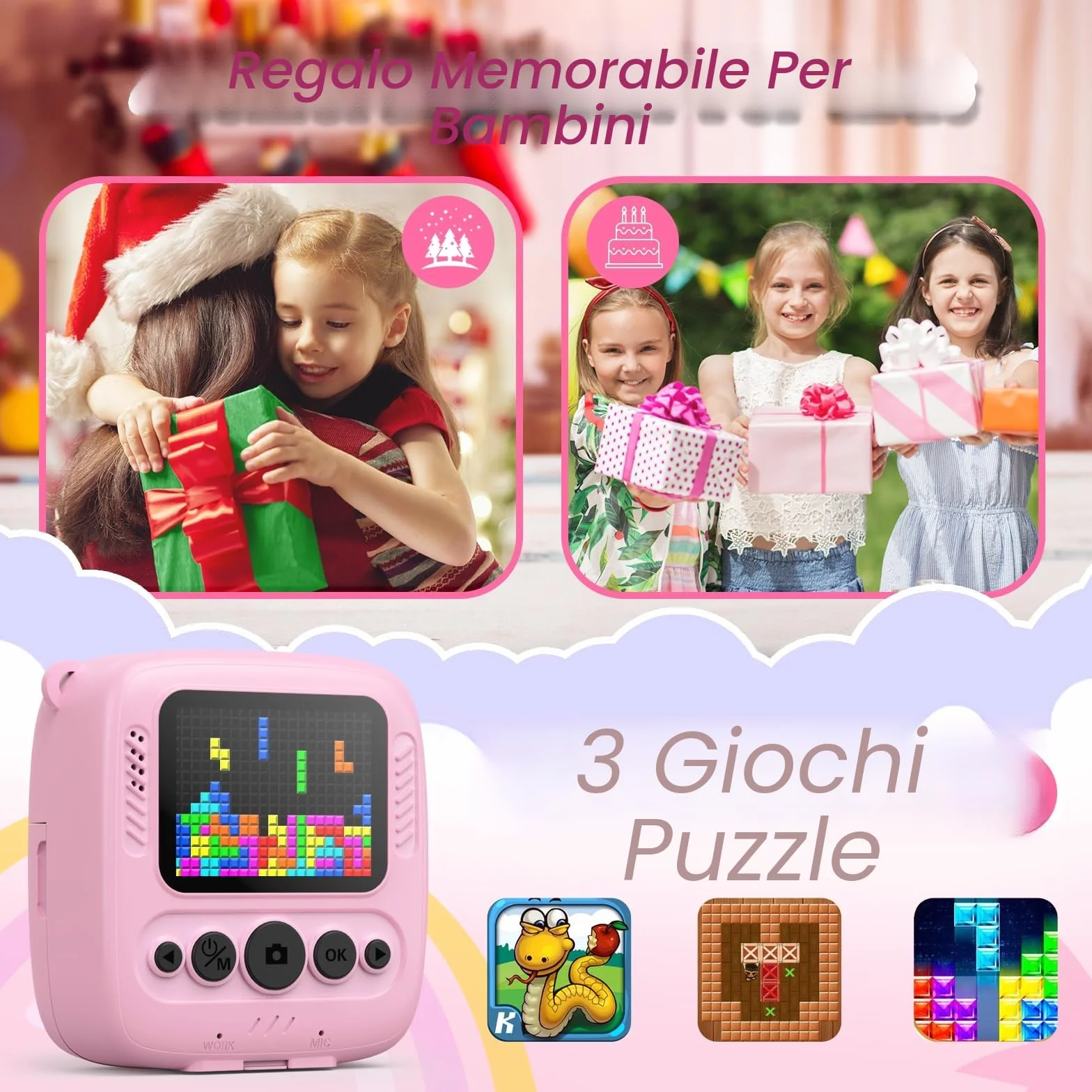 CalineGam Macchina Fotografica Bambini Istantanea, 2.0 Pollici Fotocamera Digitale Bambini con 32GB Scheda e Carta Fotografica, Regali di Natale Compleanno per 4 5 6 7 8 9 10 Ragazze Ragazzi (Rosa)