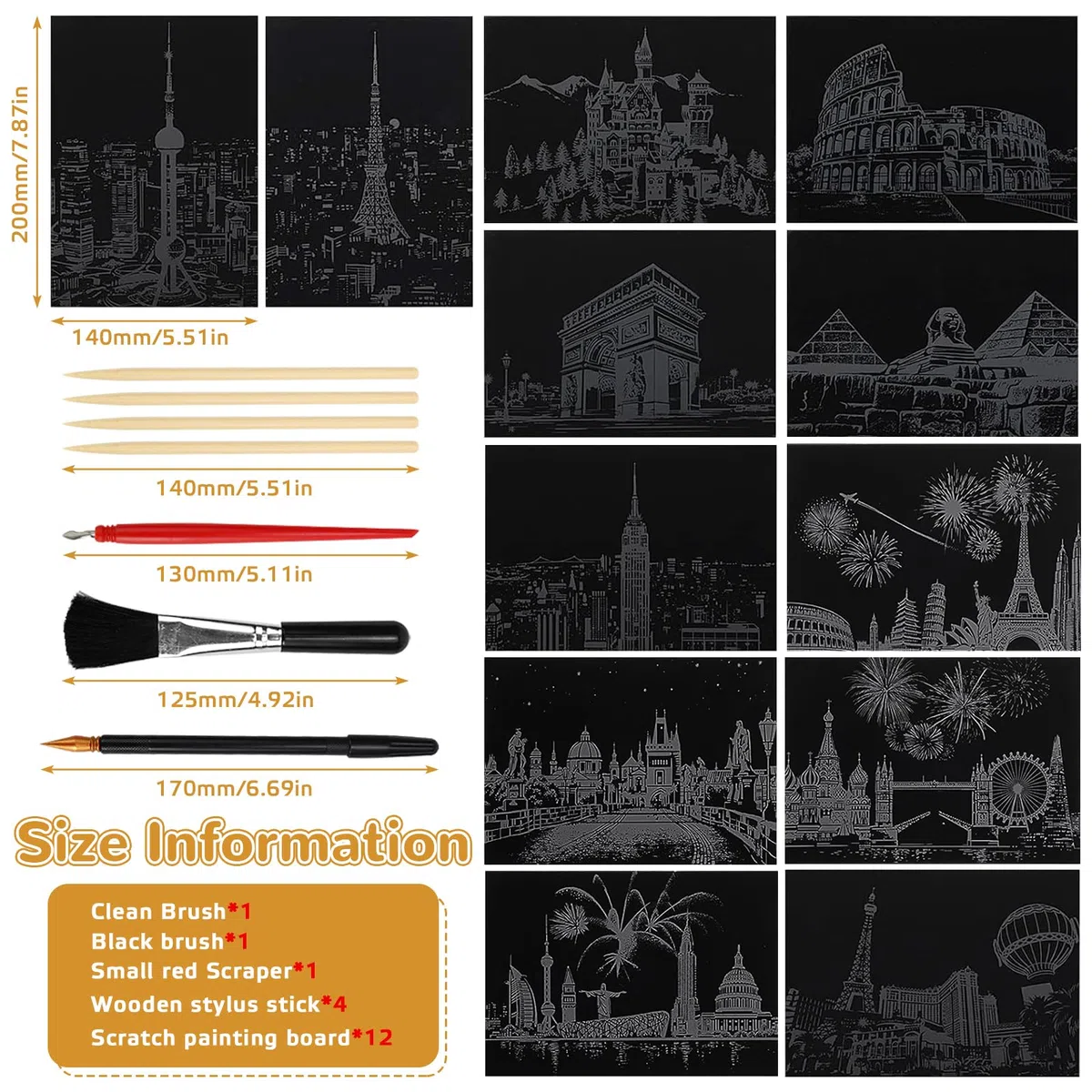KOUHA Scratch Paper Scratch Art Paper 12 PCS Carta da Grattare Urbana Set di Carta e Penna Fogli da Grattare Vista Notturna Fogli Neri da Grattare Kit per Disegno Bambini Adulti