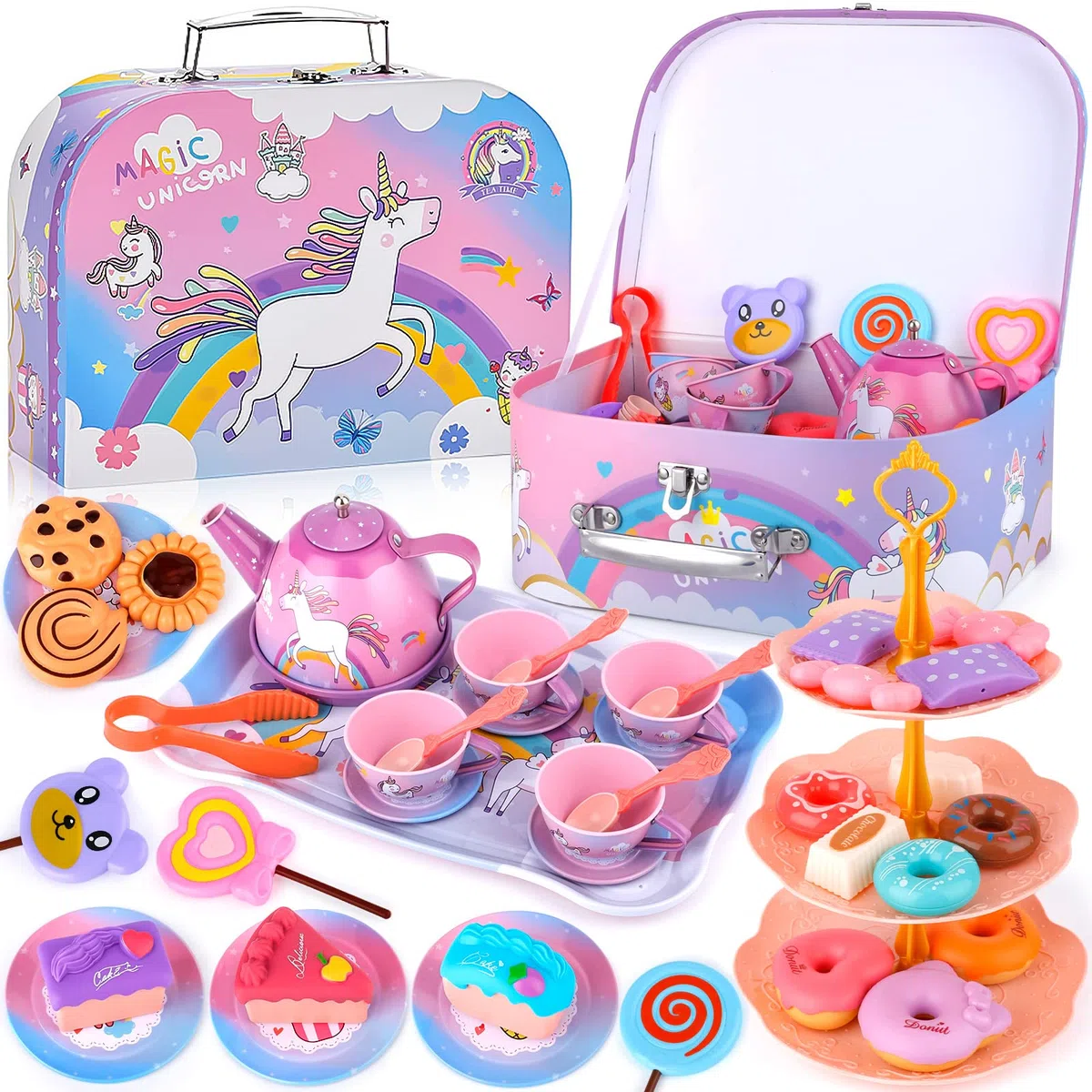 ENCOUN 48PCS Set da Tè per Bambini, Accessori Cucina Bambini, Set da Tè in Latta, Servizio da tè e Valigia Unicorno, Tea Party Finta di Giocare Unicorno Compleanno Regalo per Bambina 3 4 5 6 7 Anni