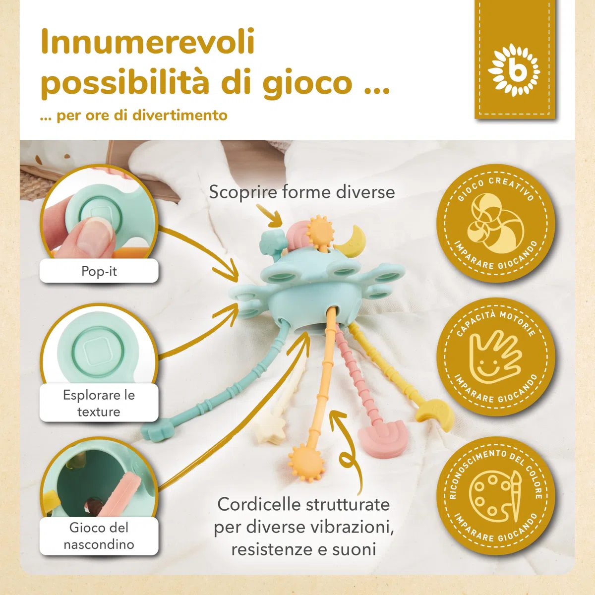 Bieco Silicone Activity Planet Eucalyptus | Montessori Giocattoli per bambini 1 anno | UFO Giocattoli motorio