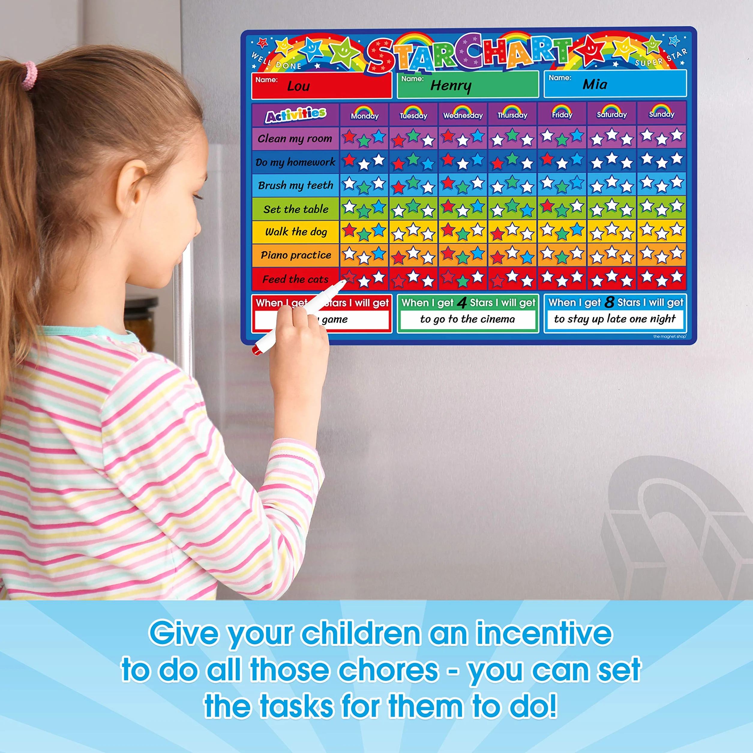 TMS Tabella dei premi per Bambini | Grafico Magnetico a Stella per riconoscere e Ispirare Il Buon comportamento in Bambini e Bambini, Ragazzi e Ragazze | con 4 Penne magnetiche Colorate a Secco