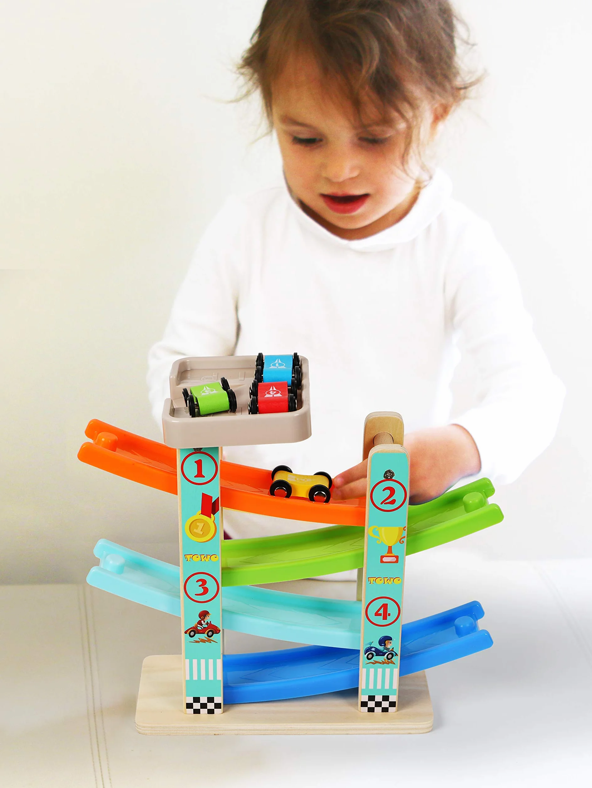 TOWO Pista per Auto in Legno -Rampa Auto Click-Clack con 4 Macchinine da Corsa in Legno per Bimbi Parcheggio sul Tetto e Piste a Zig-Zag - Giocattoli di Legno per Bambini di 1 2 3 4 Anni