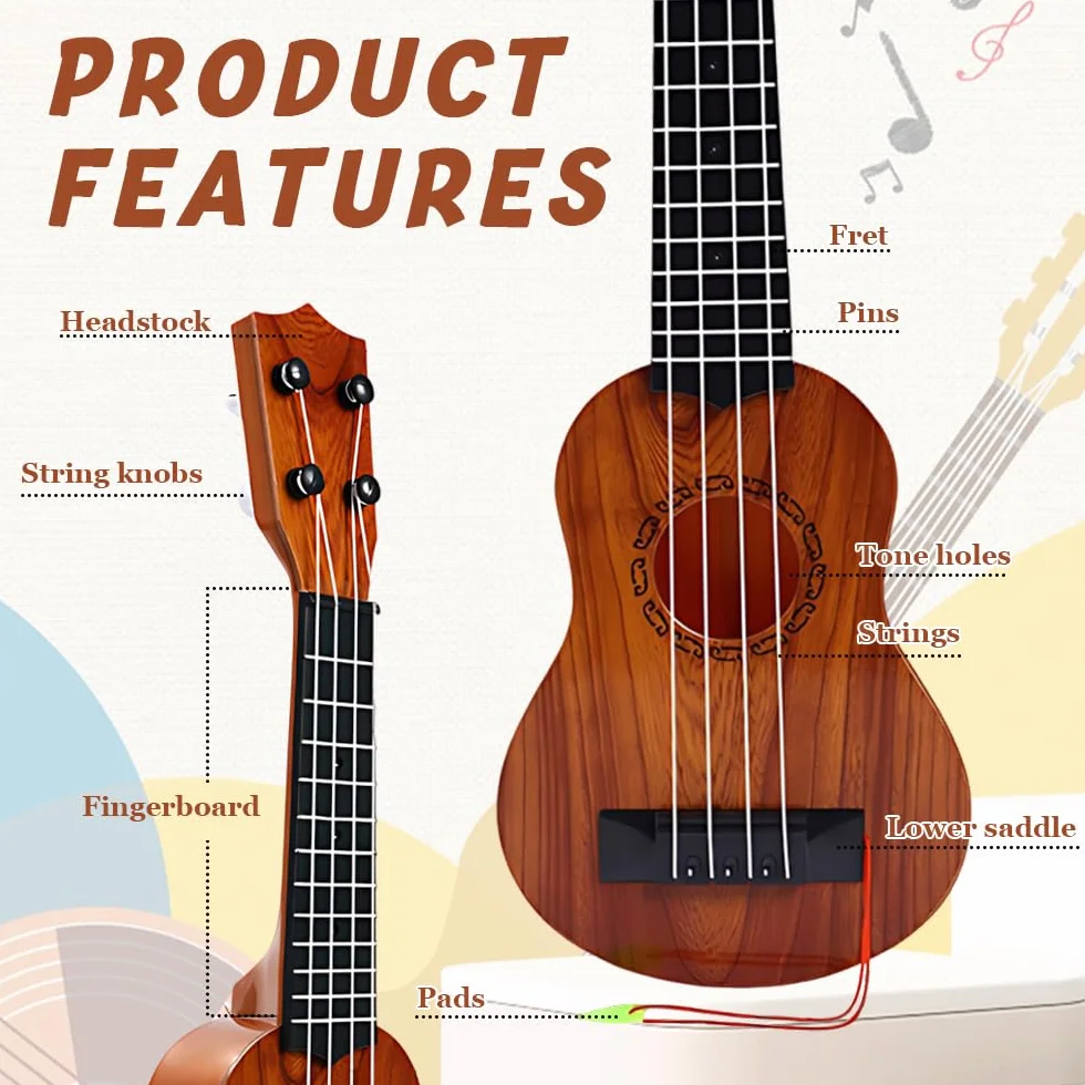 Chitarra per Bambini, 38cm Ukulele Bambini con 4 Corde Regolabili, Chitarra Giocattolo per Bambino Piccoli e Principianti