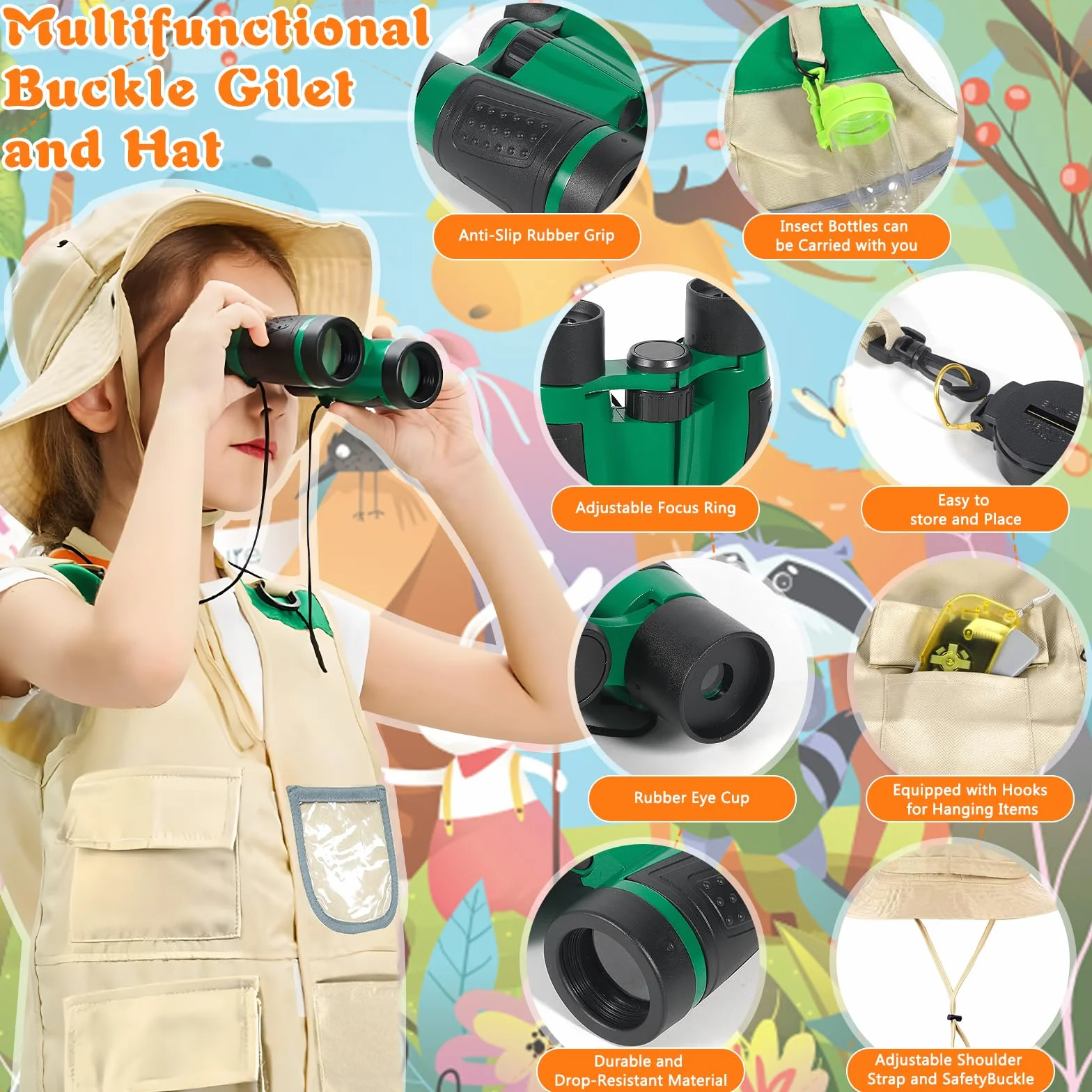 21 Pezzi Set da Esploratore per Bambini,con Gilet,Cappelli, binocolo,Bussola,Lente d'Ingrandimento e Altro,Fantastico Regalo per l'esplorazione della Natura e l'avventura per i Bambini.