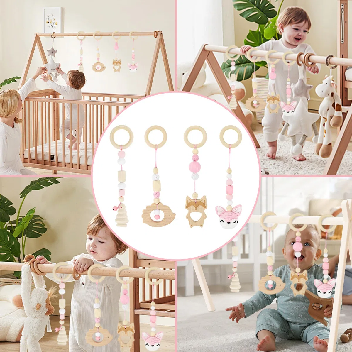 BINYI 4 Pezzi Palestrina Neonato Montessori Arco Giochi per Passeggino da Appendere Giocattoli di Legno per Bambini Pieghevole Gioco Auto Neonato Baby Gym con Ciondolo in Legno (Rosa)
