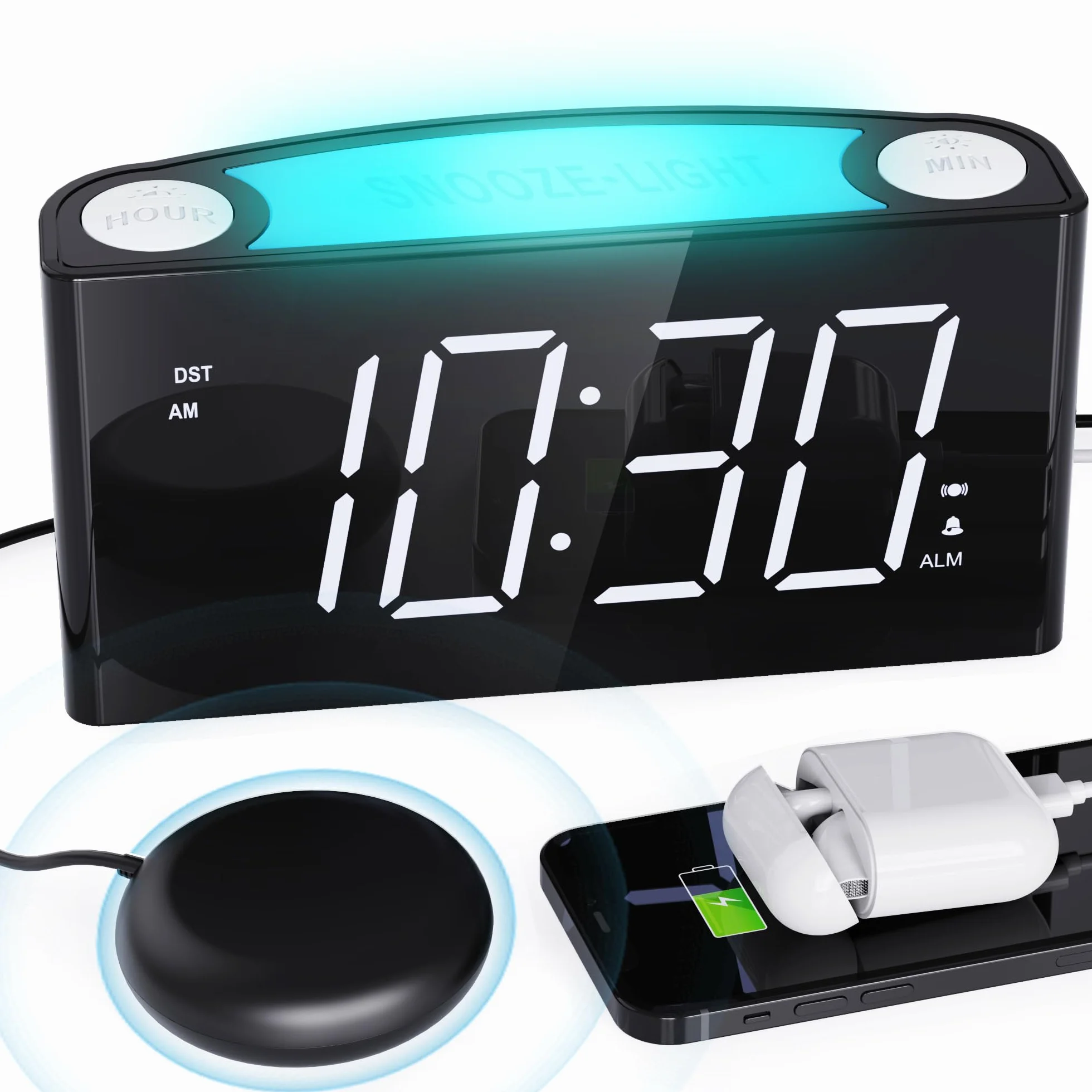Sveglia con vibrazione per dormiglioni e persone con problemi di udito, tipo caricatore C, 12/24 H, sveglia ad alto volume con 7 luci notturne, grande display LED, dimmer, snooze, batteria di backup
