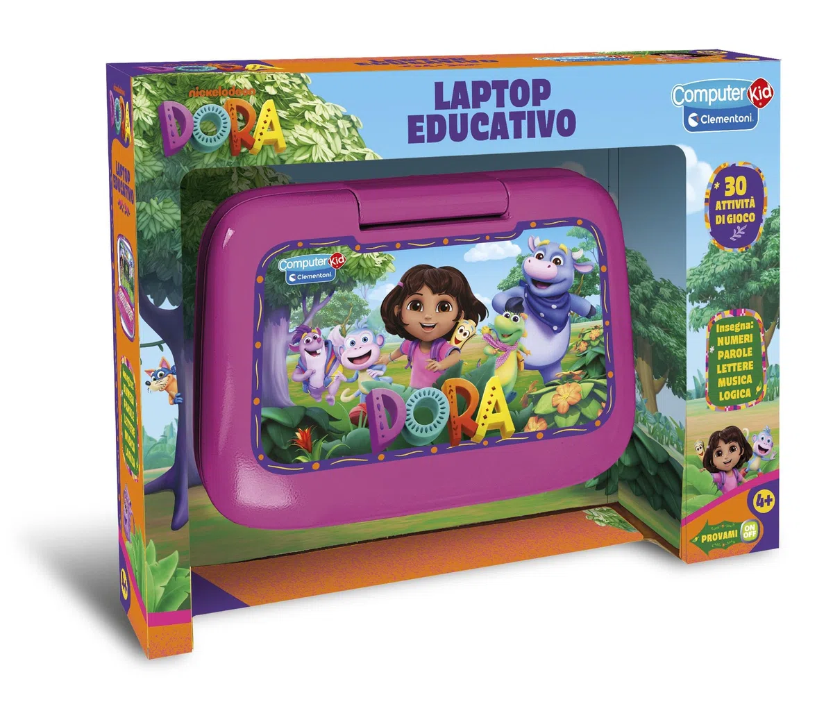 Clementoni - Computer Kid Dora Laptop Educativo Bambini 4+ Anni, 30 attività Educative per Imparare Lettere, Numeri, Parole, Logica e Musica, Lingua Italiana, 16521
