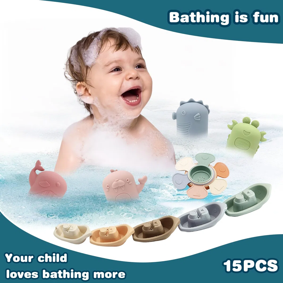 Giochi Bagnetto, 15 Pezzi Giocattoli da Bagno per Bambini, Giocattolo Vasca da Bagno Silicone, Galleggianti Che Spruzzano Giocattolo Doccia, Gioco Sensoriale per Neonati Ragazze Ragazzi 1 2 3 Anni