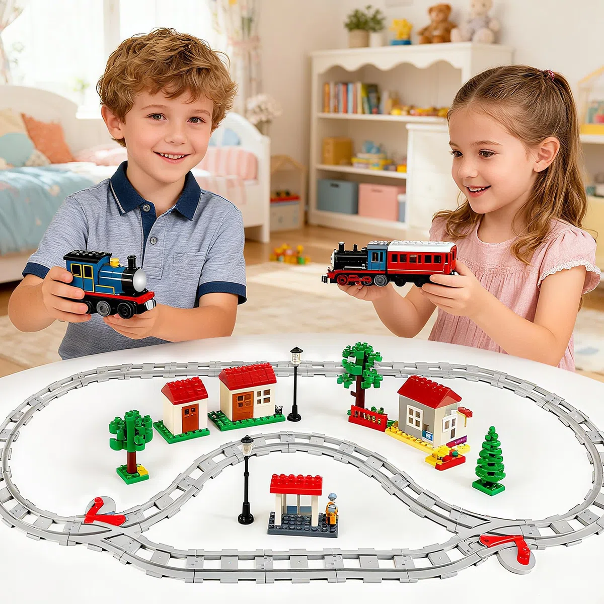 Treno Giocattolo con Binari per Costruzioni, 32 Pezzi con Scambio Incrocio, Binari Dritti e Curvi, Compatibile con il Leader di Mercato, Set City per Bambini e Bambine dai 2 Anni in Su