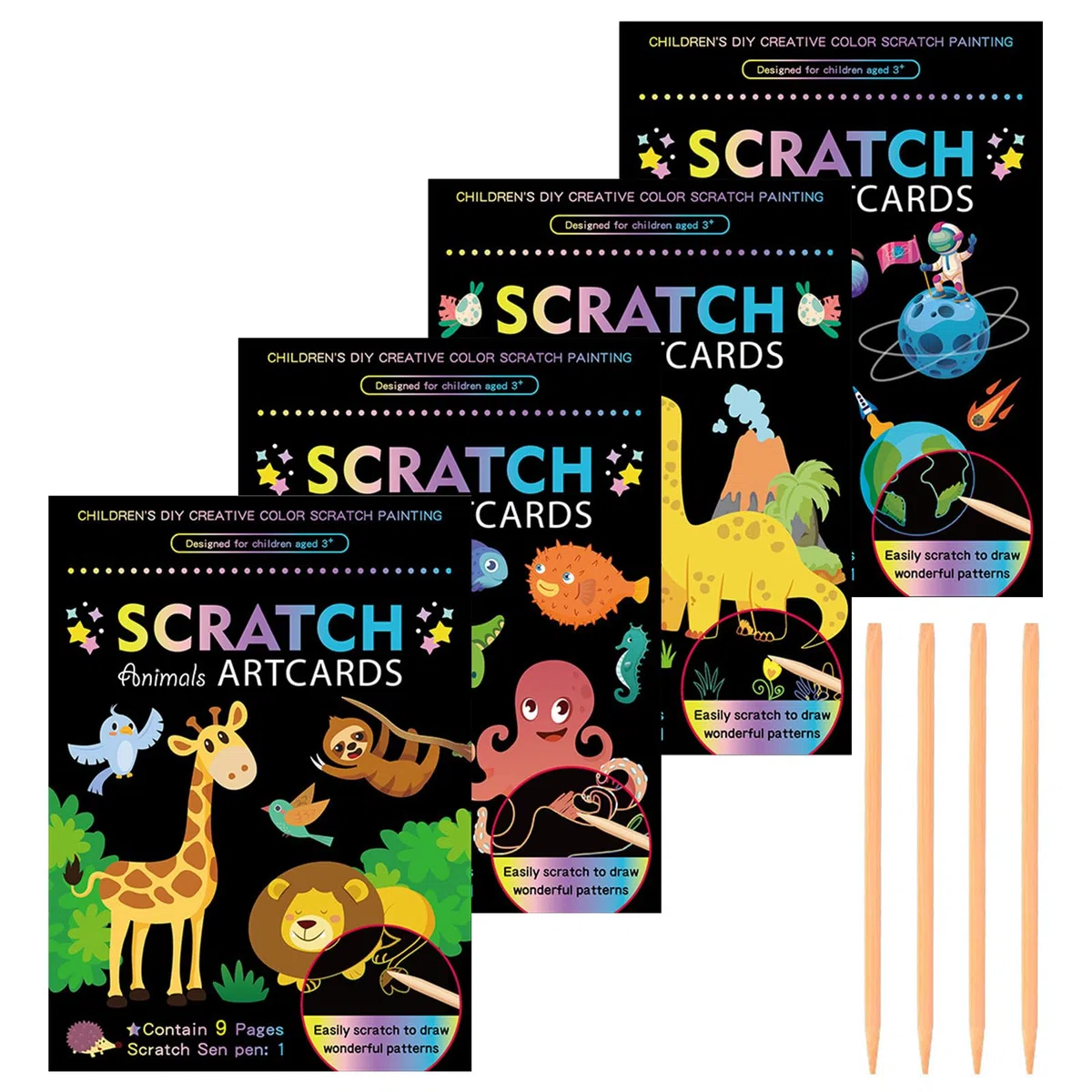 Set 4 Blocchi Disegni Grattare Per Bambini, Carta Magica Arcobaleno Grattare, Album Grattare Con Temi Dinosauri, Spazio, Oceani e Animali, Con Penna In Legno, Ideale Per Relax e Decorazione