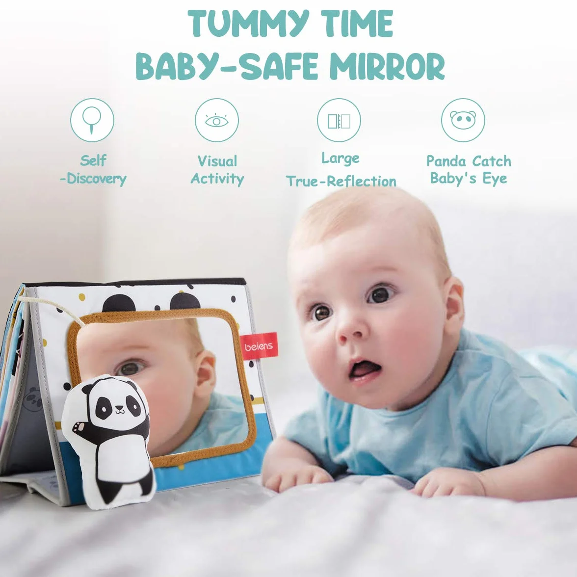 beiens Libri Tattile Sensoriali Stoffa Neonati, Giocattoli a Specchio per Bambini, Panda Giochi Montessori Neonato 0 3 6 12 Mesi, Tummy Time Libro sensoriale Bianco e Nero Passeggino Educativi Regali
