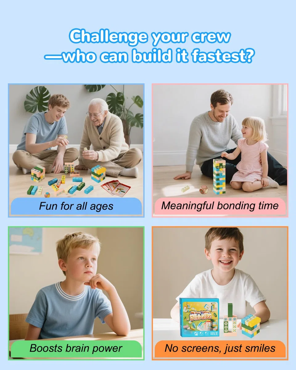 Gioco in Legno Tumble Tower per Bambini e Adulti – Gioco da Tavolo Divertente e Veloce per una Serata in Famiglia, Sfida di Abbinamento con Blocchi da Costruzione per Giochi da Festa o in Classe