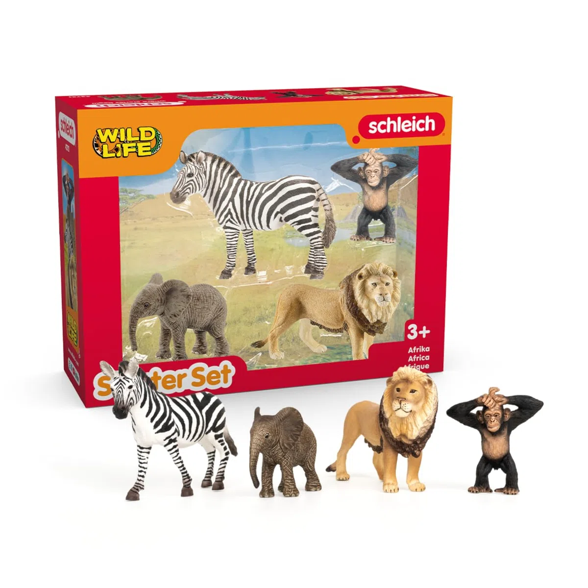 SCHLEICH WILD LIFE | Set iniziale Africa 42721 con elefante, zebra, leone e scimmia | figure di animali | giocattolo zoo o decorazione safari | regalo per bambini dai 3 anni | set da 4 pezzi
