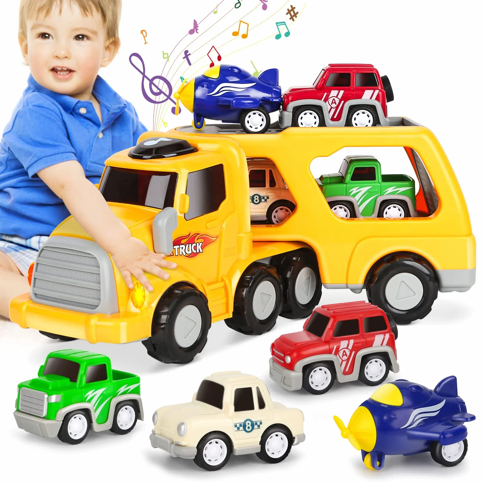 Aoskie Camion Macchinine 2 3 4 Anni, 5 in 1 con Suoni e Luci, 4 Mini Cars, Giocattolo Regalo per Bambino