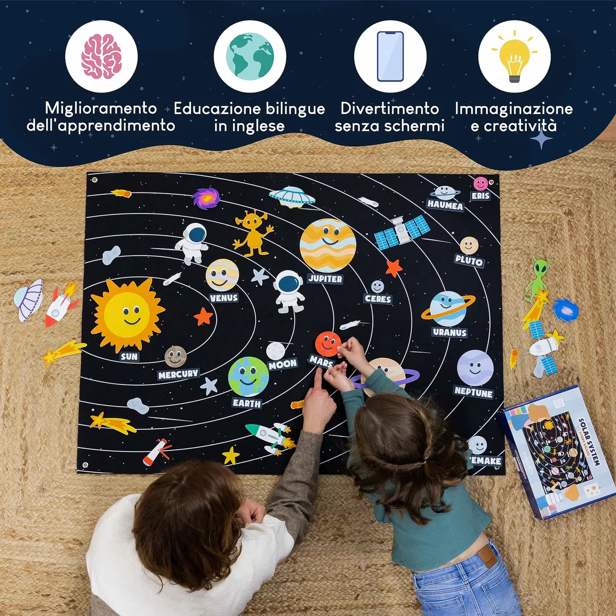 BONNYCO Sistema Solare per Bambini con 61 Figure in Feltro. Pianeti Sistema Solare Bambini, Giochi Bambino Bambina 3 4 5 6 7 8 Anni. Planetario Giochi Educativi Montessori, Regalo Giocattoli Natale