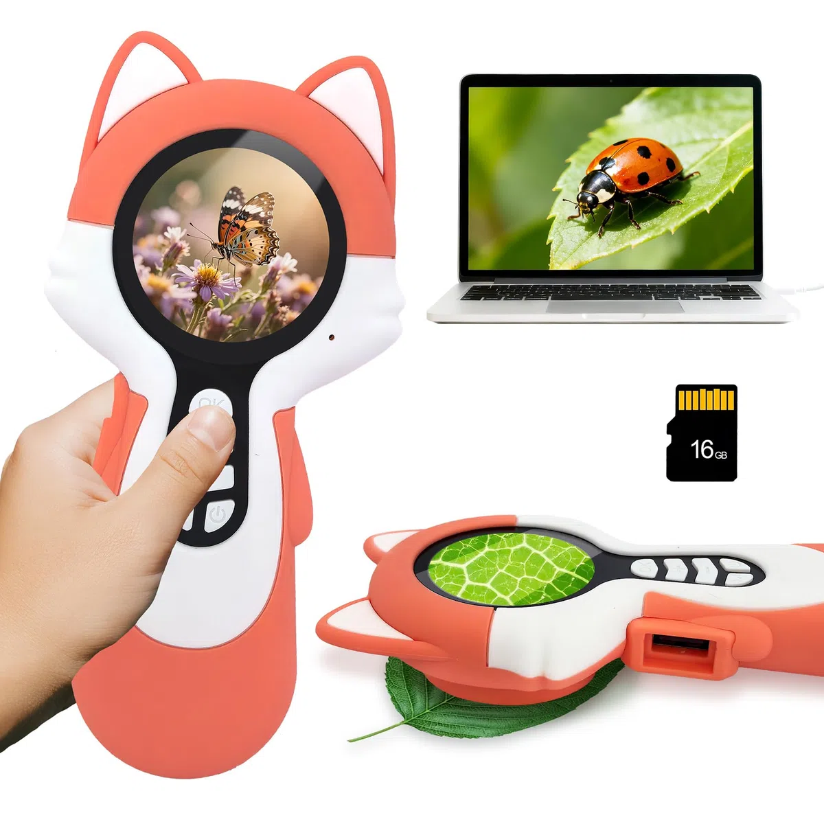 Microscopio digitale 2 in 1 per bambini, un obiettivo per fotocamera e un obiettivo per microscopio, microscope for kids 100X, piccoli esploratori, 16GB, Volpe