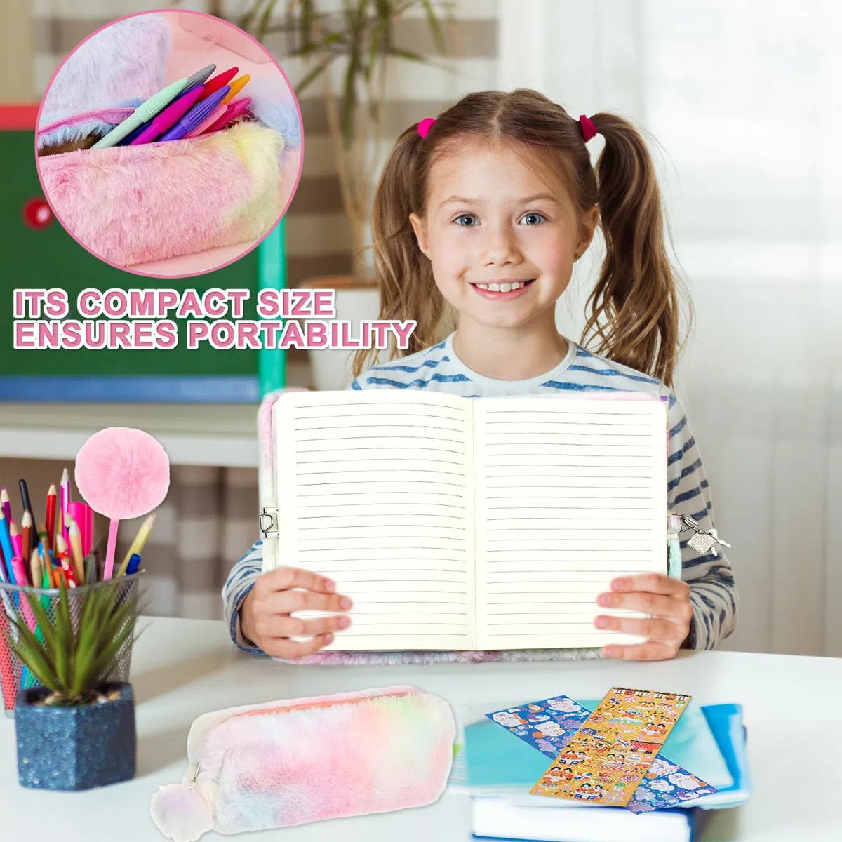 diario Segreto con Lucchetto per Bambina A5 con Penna Peluche Rosa + Adesivi + Astuccio + quaderno Peluche Gatto Regalo per Ragazze Natale Compleanno Scuola