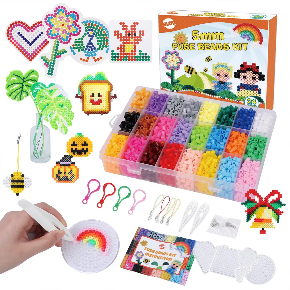 Perline da Stirare 4000 Pezzi 24 Colori Perline a Fusione con Pegboard Pinzette Piatti Set Gioco Creativo per Bambini Fai da Te, 5mm
