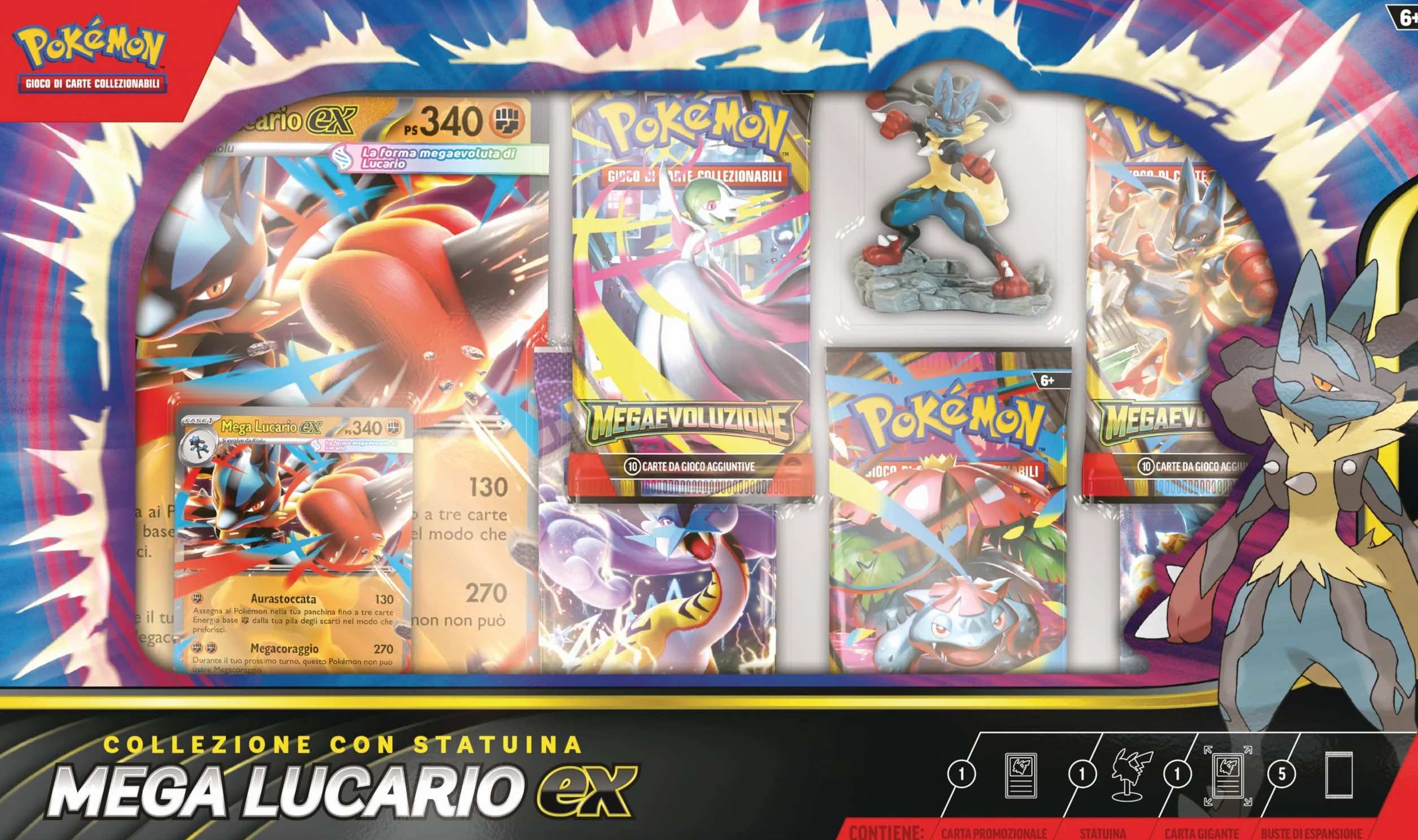 Pokémon: collezione con statuina Mega Lucario-ex del (una carta promozionale olografica, una carta promozionale gigante, cinque buste di espansione e una statuina di Mega Lucario)
