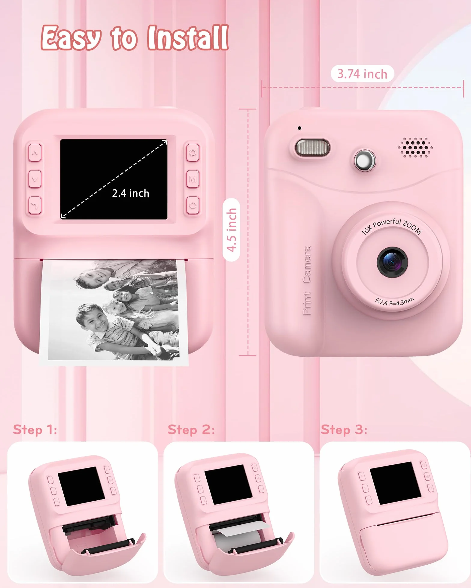 Macchina Fotografica Bambini, Schermo 2.4 HD Pollici e, Scheda da 32 GB e 3 Rotoli di Carta Fotografica, 1080P Macchina Fotografica Istantanea, Adatto Bambini dai 3 ai 12 Anni (Rosa)