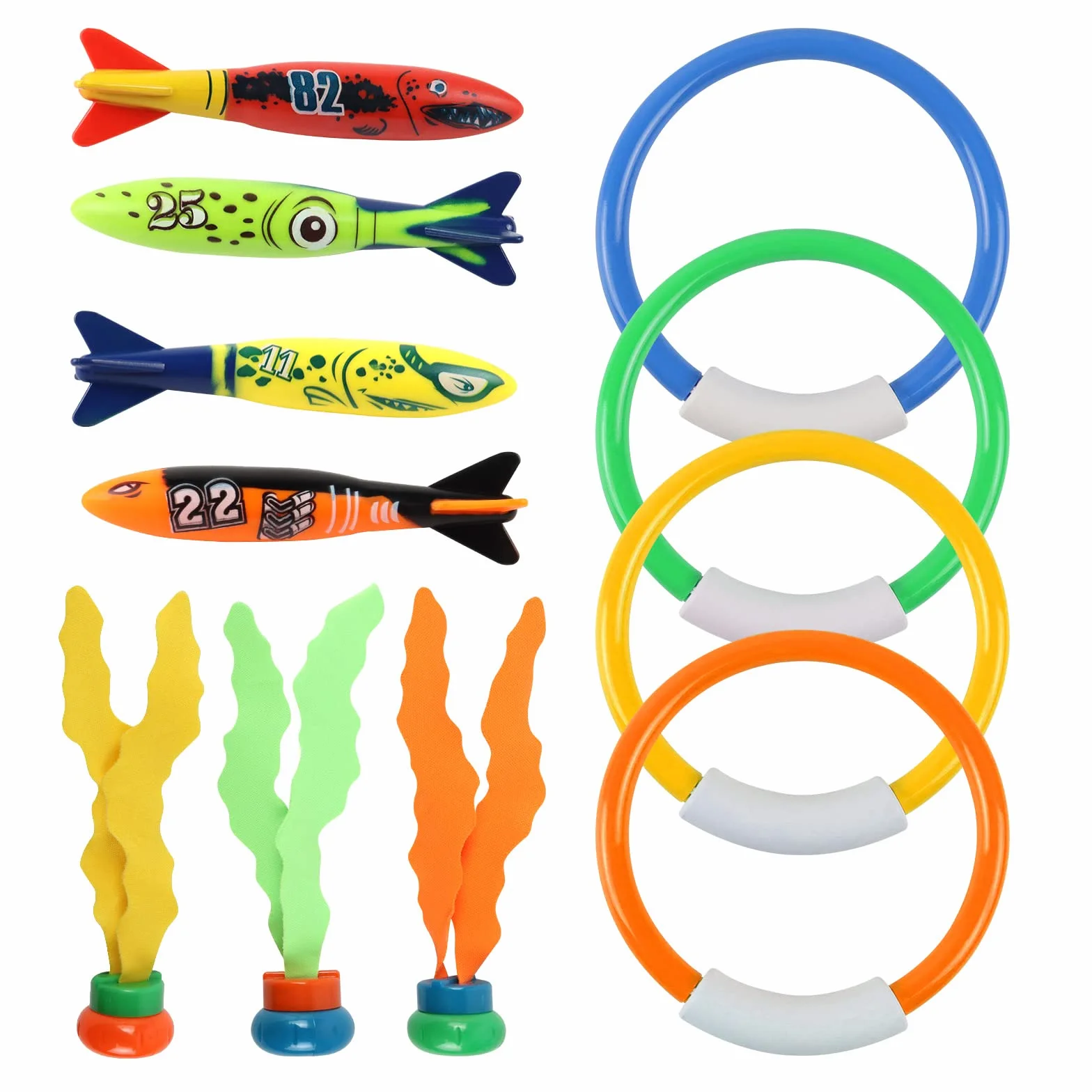 Set di 11 giocattoli subacquei subacquei per bambini dai 4 ai 12, anello sommergibile per alghe, giocattolo per acqua, set estivo per feste in piscina, regalo per ragazzi e ragazze
