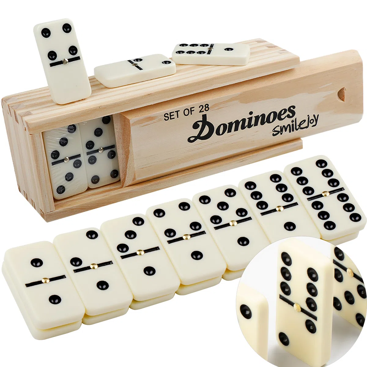 Smilejoy Dominoes Set per Adulto Doppio 6 Domino Game per Giochi Da Tavolo Classici Domino Gioco Set 28 Pezzi con Caso Legno Naturale (2 Giocatori)