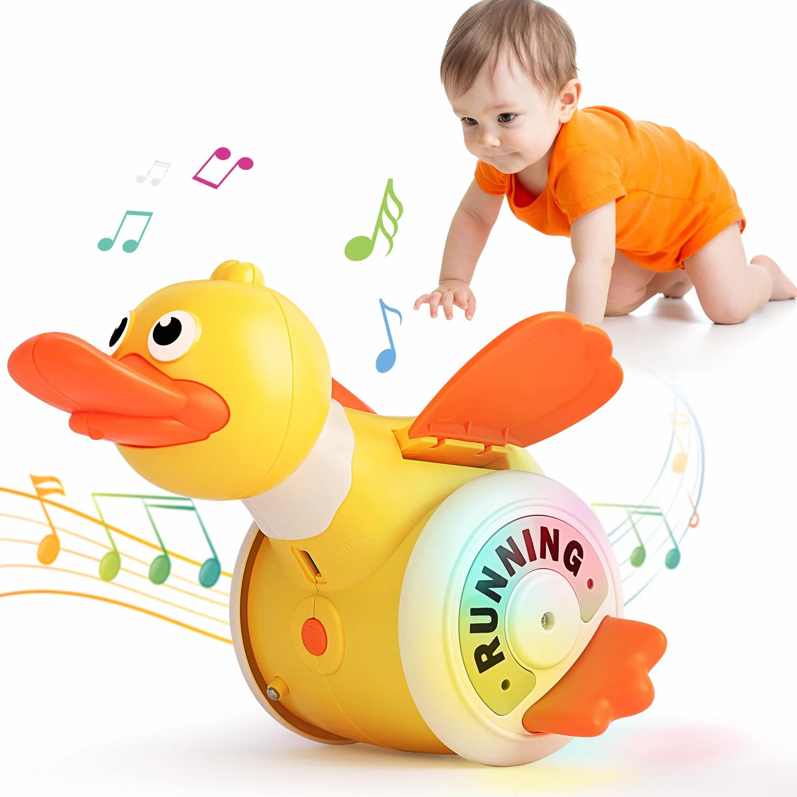Paperella che striscia, giocattolo per bambini di 1 anno, con controllo del suono e della velocità, ricaricabile tramite USB, per bambini dai 6 mesi ai 5 anni
