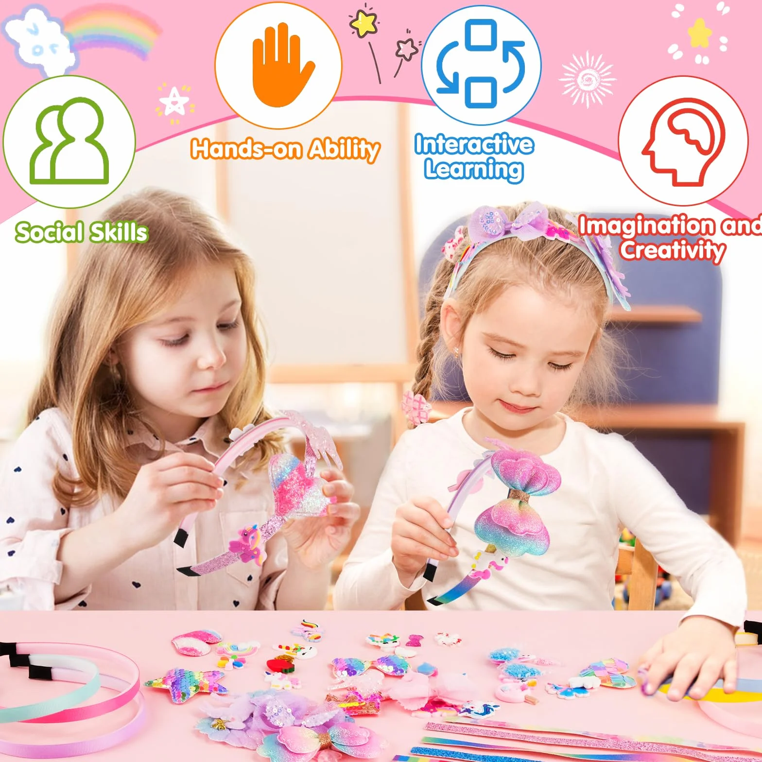 WuGU Kit per La Creazione di Cerchietti per Capelli, 49 Pezzi Set di Accessori per Capelli fai da te, Regalo per Ragazze di 5 6 7 8 9 10 Anni, Regali di Compleanno e Natale per Bambina