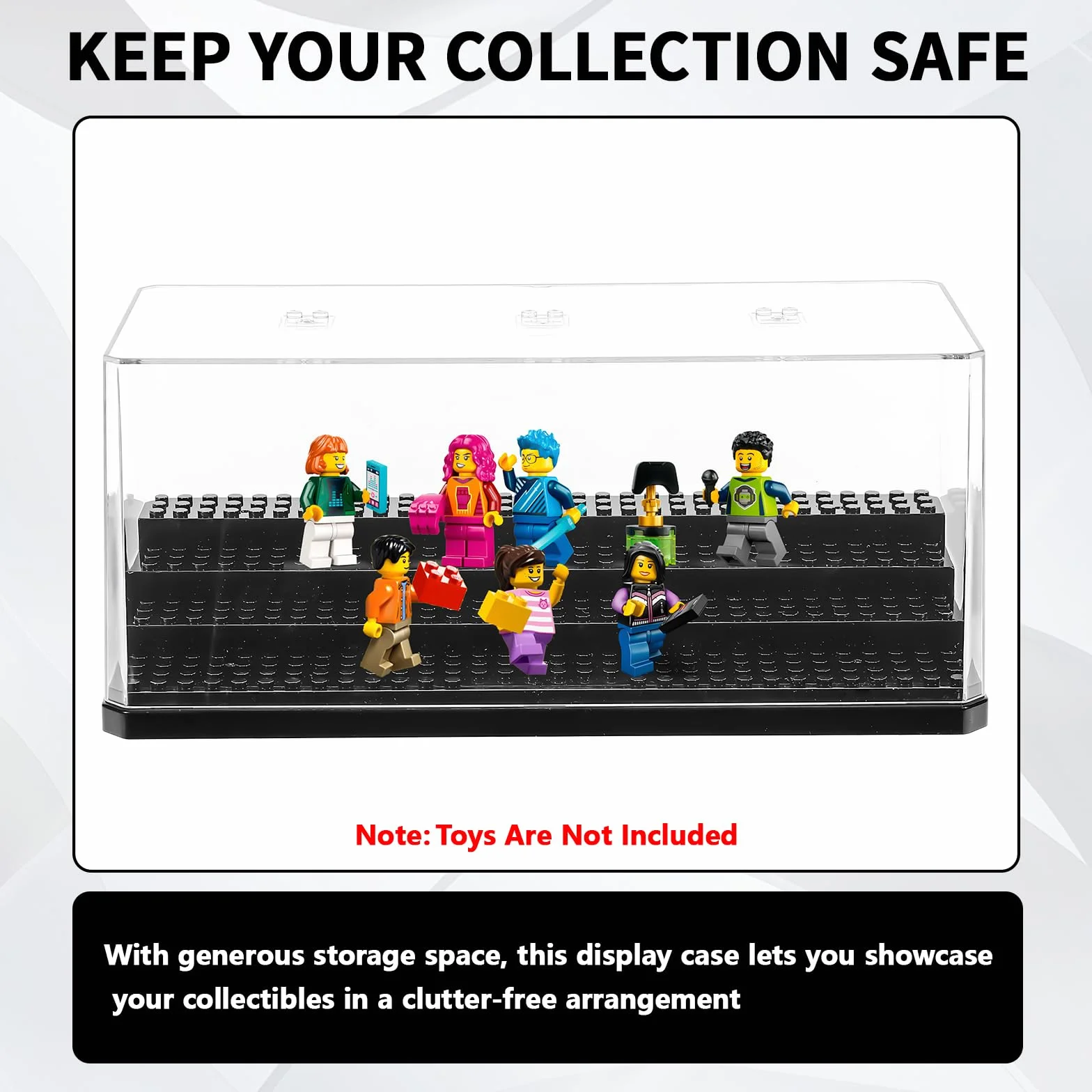 Zorplex Vetrina Acrilica per Minifigure, Scatola Espositiva Impilabile a 4 Strati con Ripiani Rimovibili, Anti-Polvere, Trasparente, Perfetta per Giocattoli e Modelli da Collezione (Nero)