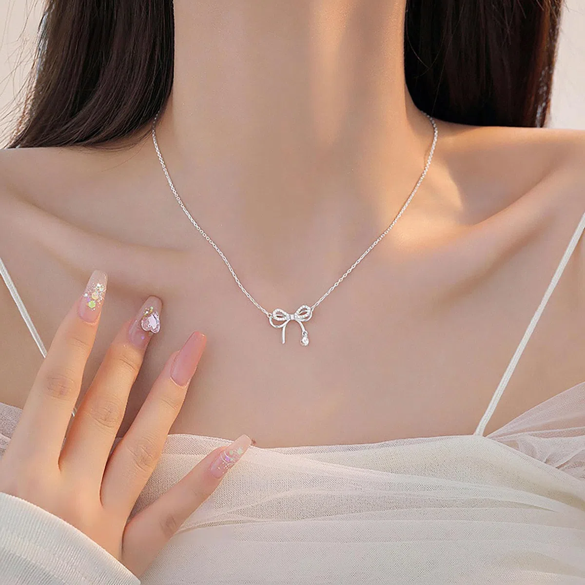 Collana Fiocco Argento 925 per Donna Bambina Ragazza Ciondolo Fiocco Rondo Zirconi Brillantini Collana da Donna Argento Cristalli Girocollo Catena Gioielli Regalo