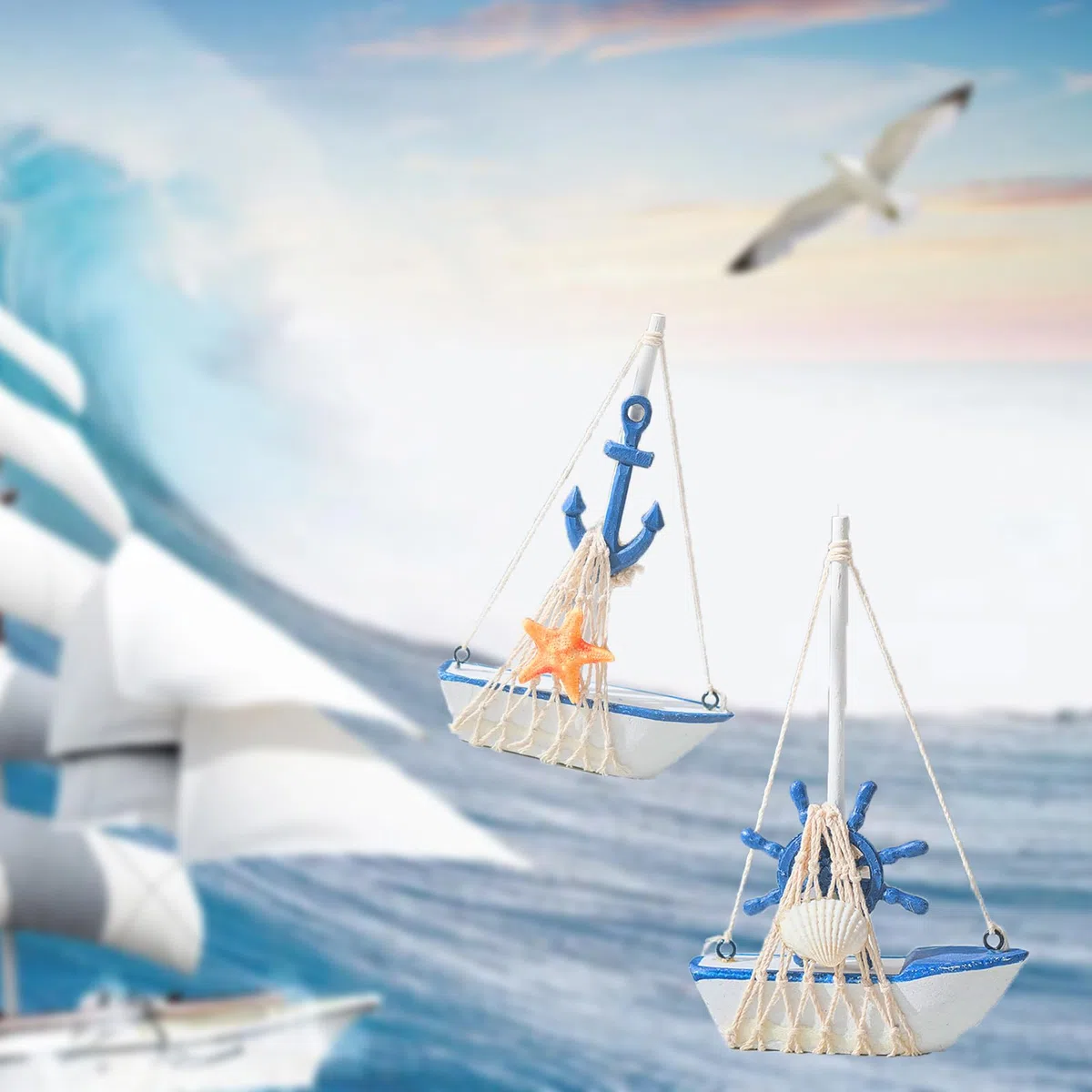2 Pezzi Decorazione Nautica, Legno Ornamenti Barca, per Delle mare Sulla Spiaggia Modello Barca vela legno con rete pesca, barche a vela in legno e metallo