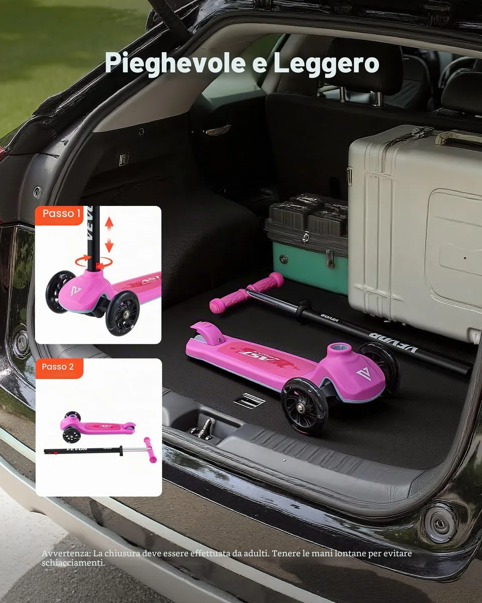 VEVOR Monopattino per bambini dai 3 anni in su, monopattino a 3 ruote con ruote luminose, manubrio regolabile in altezza, ampia pedana antiscivolo, telaio in alluminio leggero per ragazzi e ragazze