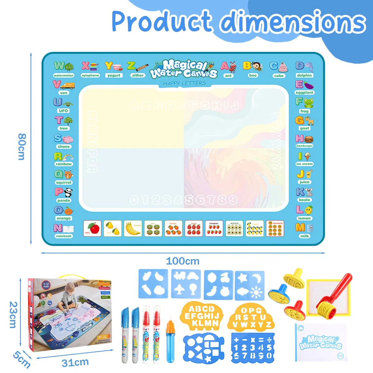 Tappeto Magico Bambini,100x80cm Doodle Tappeto Magico,Tappetino Doodle da Disegno ad Acqua Con Accessori,Tappetos Gioco Bambini,Riutilizzabile Senza Macchie,Giochi Educativi 3 Anni+