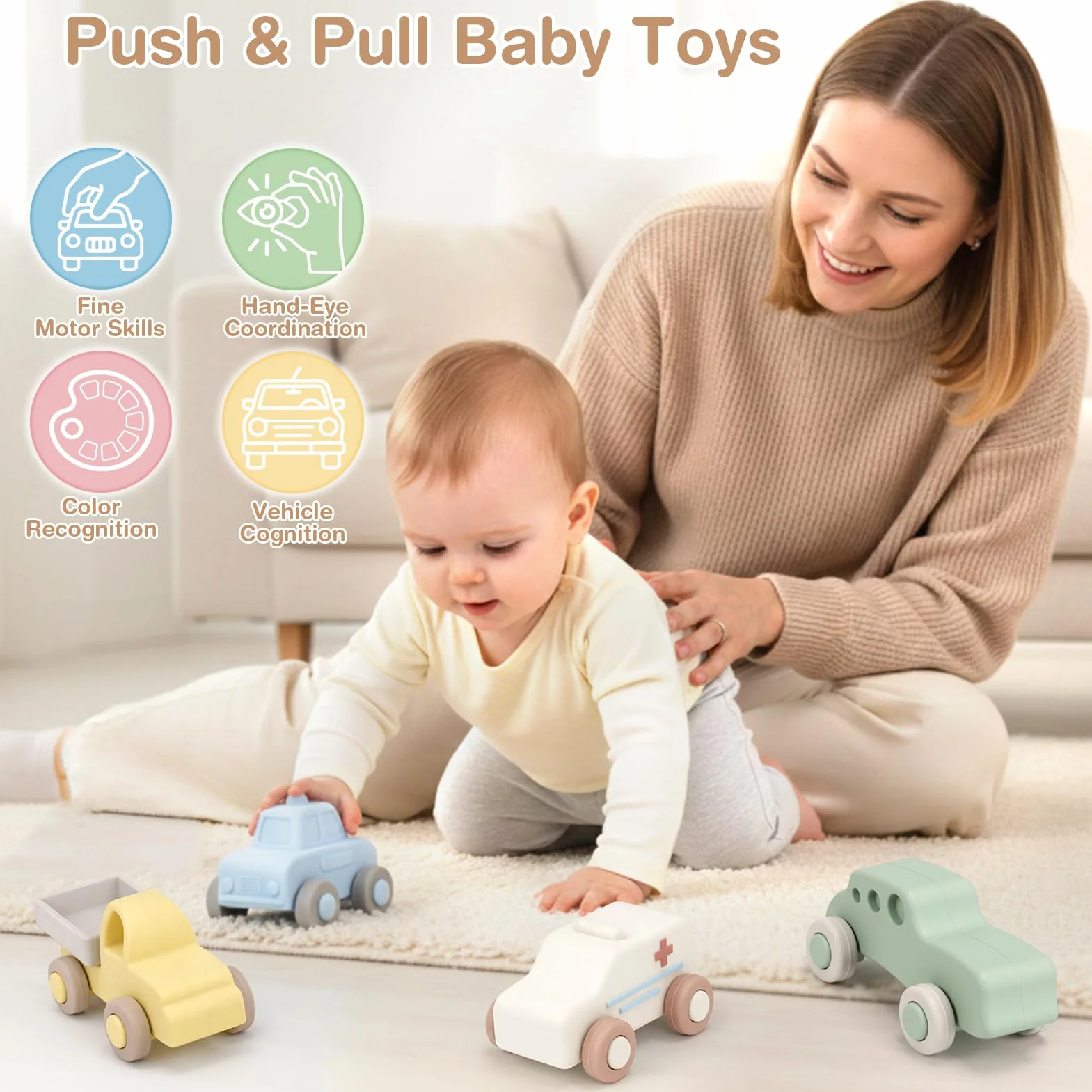 Vanplay Macchinine per Bambini, Giochi Bambini 1 Anno Giochi Montessori 6 Mesi+ Silicone Dentizione Neonato Regalo Bambino 1 Anno (4 Pezzi)