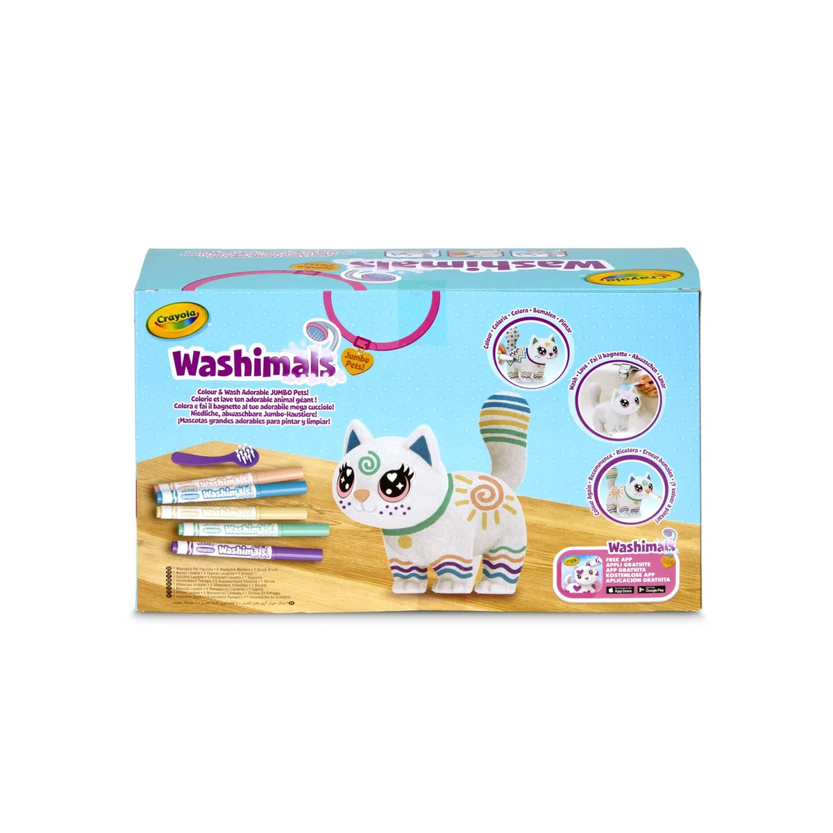 CRAYOLA Washimals Jumbo Pets - Big Jenny, la Grande gattina da Colorare Lavare e Ricolorare, 15 cm, Set con 5 Pennarelli Lavabili e Spazzolina, Gioco e Regalo per Bambini da 3 Anni, 74-7518