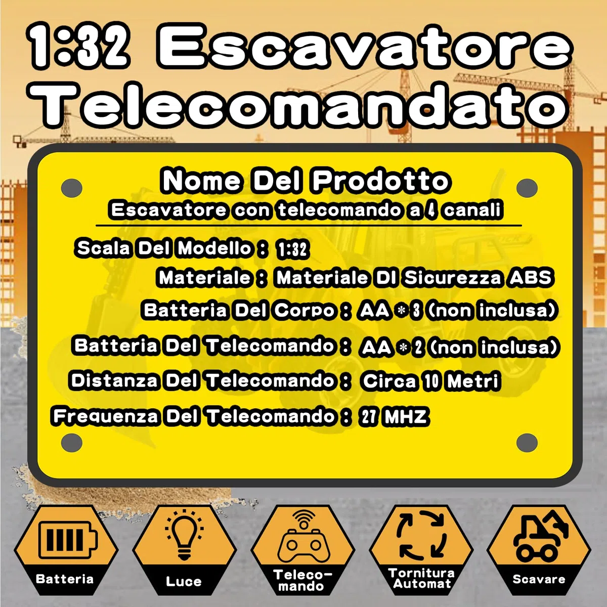 4 Canale 1:32 escavatore telecomandato giocattolo,con luci lampeggianti,telecomando senza fili,Trattore Digger Giocattoli per bambini,per Regali Per Bambini Dai 3 4 5 6 7 Anni