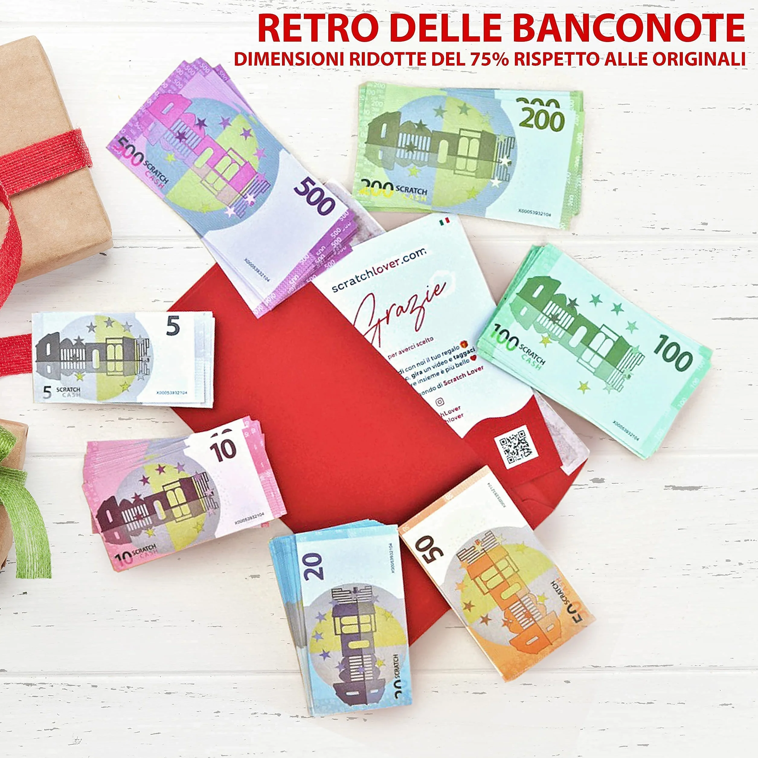 Scratch Cash Bundle 175 Dimensioni Ridotte al 75%, Banconote Finte 25 x 5, 10, 20, 50, 100, 200, 500 Euro, Fac-Simile Euro