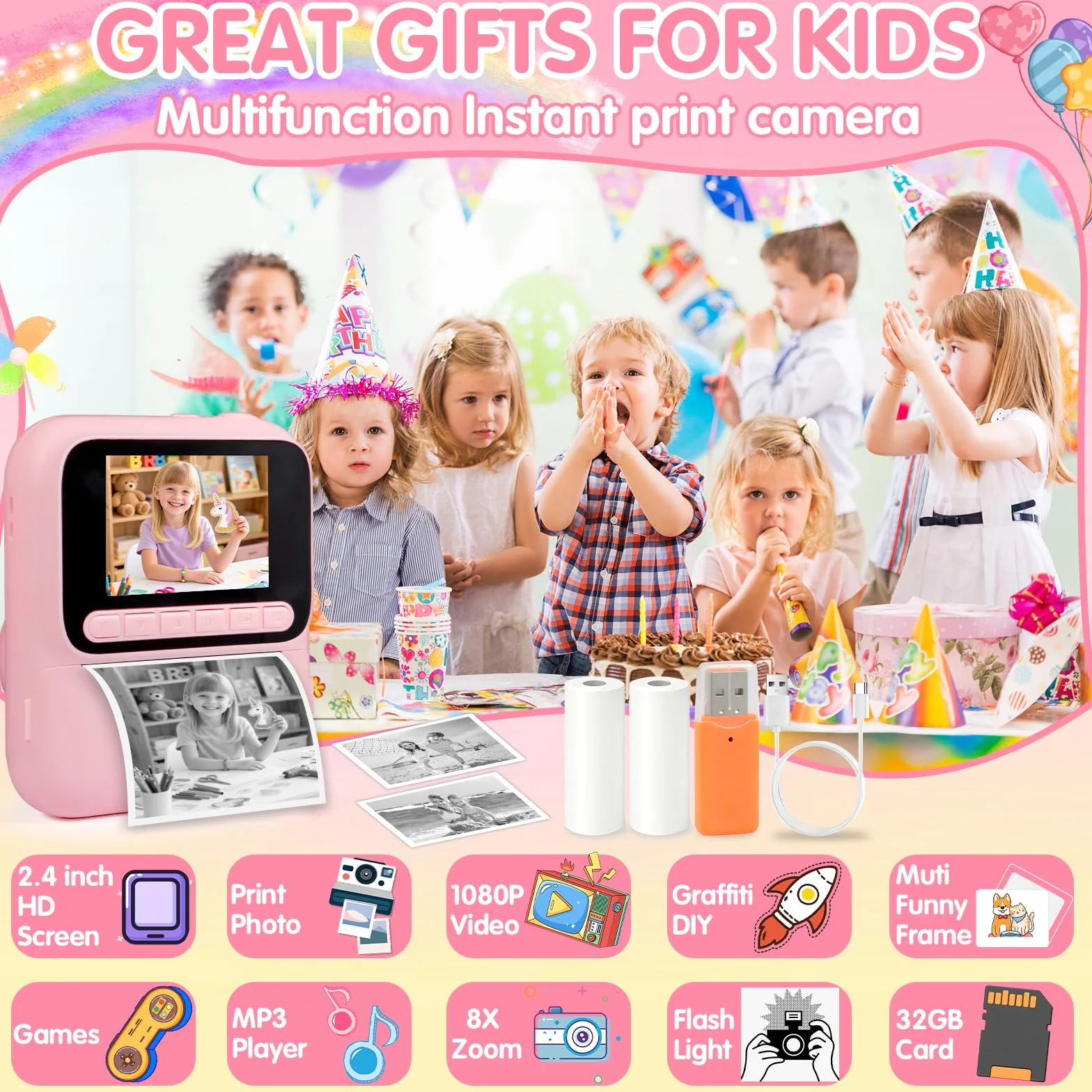 Macchina Fotografica Bambini Istantanea,2,4" Fotocamera Istantanea,1080P HD Fotocamera Digitale con 32 GB Scheda,6 Rotoli di Carta da Stampa e Penne Colorate,Regalo per Ragazze Ragazzi da 3-12