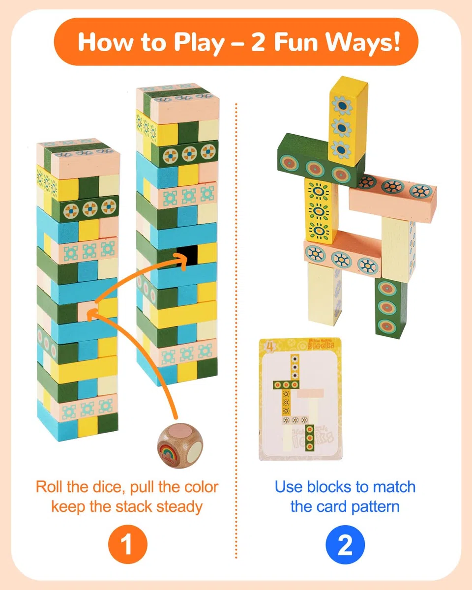 Gioco in Legno Tumble Tower per Bambini e Adulti – Gioco da Tavolo Divertente e Veloce per una Serata in Famiglia, Sfida di Abbinamento con Blocchi da Costruzione per Giochi da Festa o in Classe