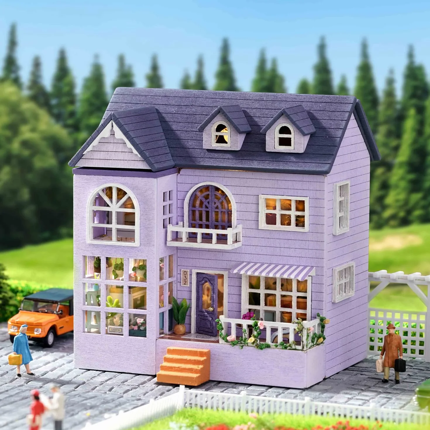 CUTEROOM Miniatura casa delle Bambole con mobili,Fai da Te in Miniatura Casa delle Bambole Kit,Mini 3D Casa in Legno con Luci A LED - Regalo di Compleanno di Natale (Happy House)
