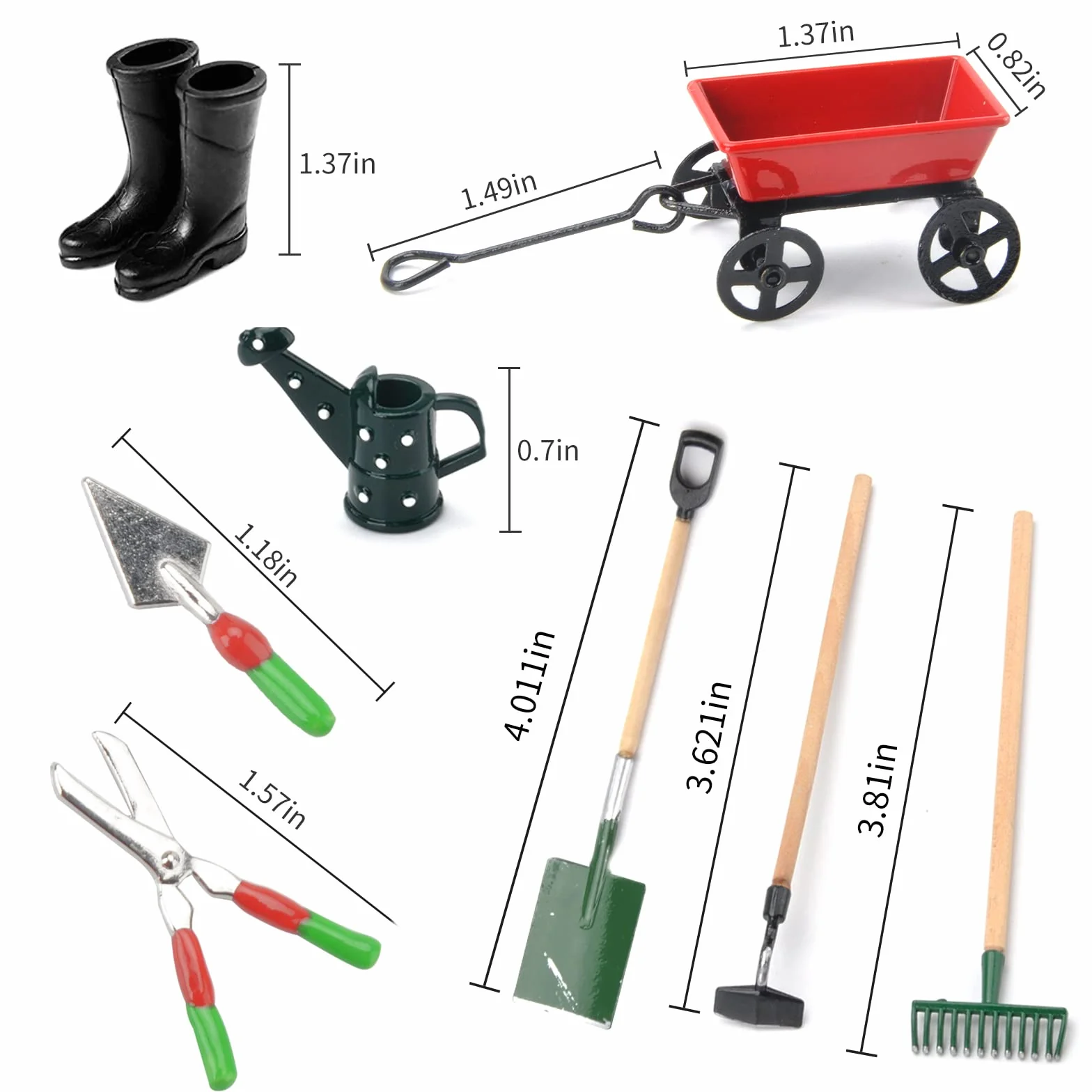 Set di 8 mini casa delle bambole in miniatura, attrezzi da giardino, stivali di gomma, annaffiatoio, vanga, pestello, rastrello, carrello, bollitore, forbici, brividi, mini ornamento da giardino