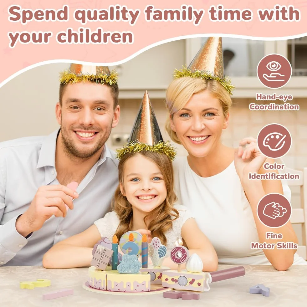 Ainiv Cucina Giocattolo per Bambini Bambino, Torta di Compleanno di Legno con Accessori, Giocattolo Educativo Montessori, Regalo Compleanno Pasqua Halloween Natale Ragazzo Ragazza 18 Mesi+ Anni, Rosa