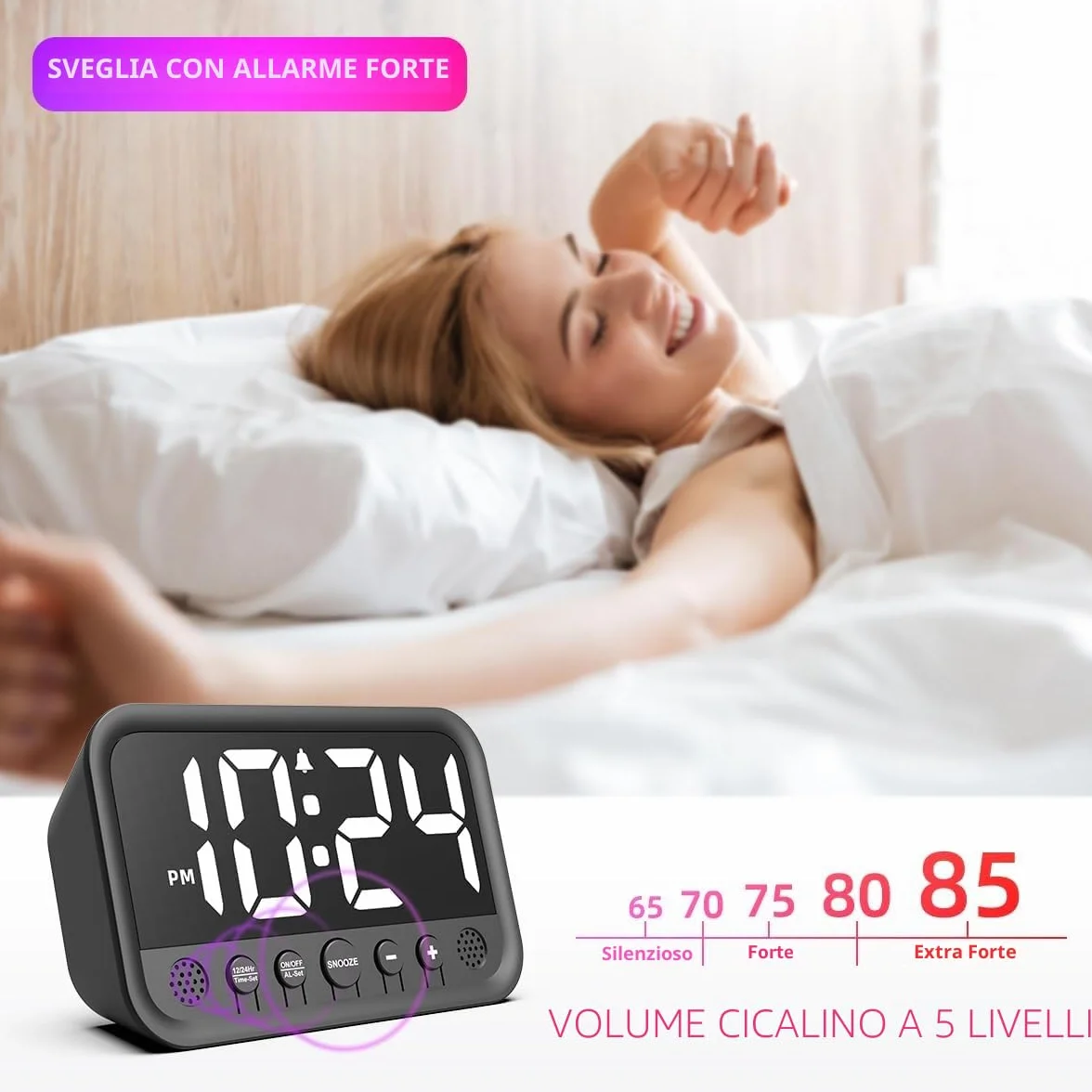 Sveglia digitale con numeri grandi, sveglia digitale con display LED, luminosità e volume regolabili, Snooze, 12/24HR