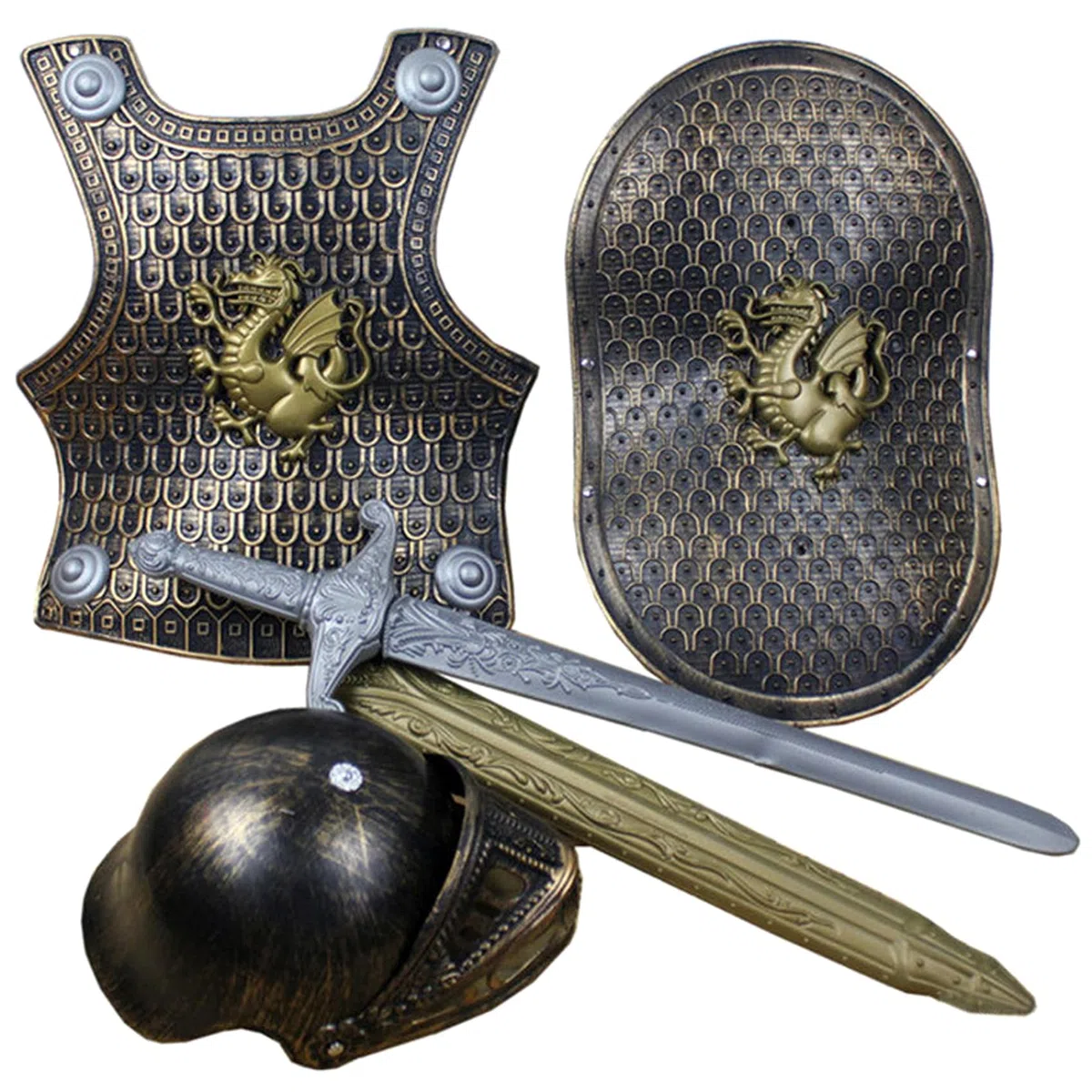 4 Pezzi/Set Costume da Cavaliere per Bambini Armatura da Cavaliere in plastica con Casco Spada e Scudo per Bambini per Feste a Tema VBS Vestire Costumi di Ruolo